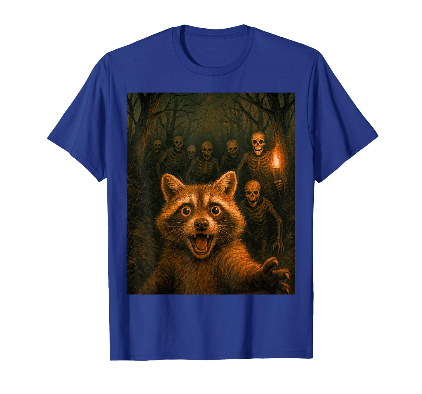 Funny Raccoon Selfie Scary Skeletons Forest Creepy Design T-Shirt