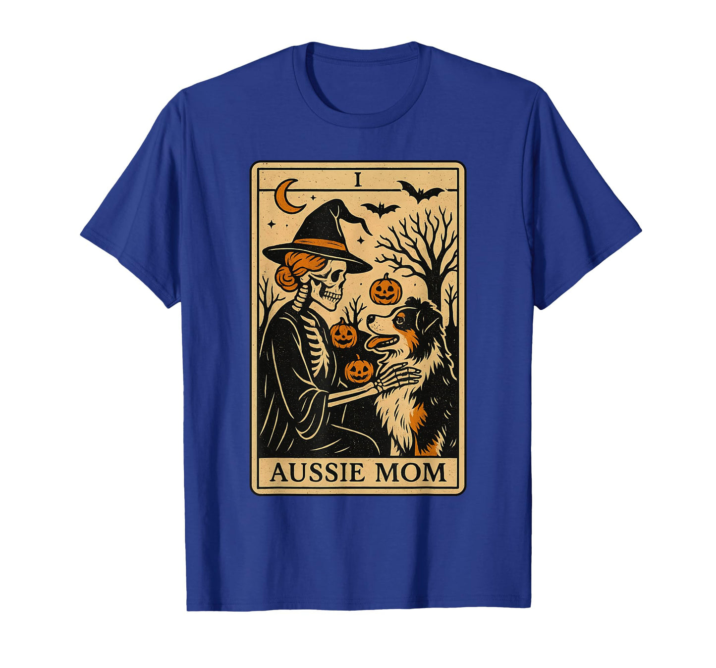 Aussie Mom Tarot Card Skeleton Australian Shepherd Halloween T-Shirt