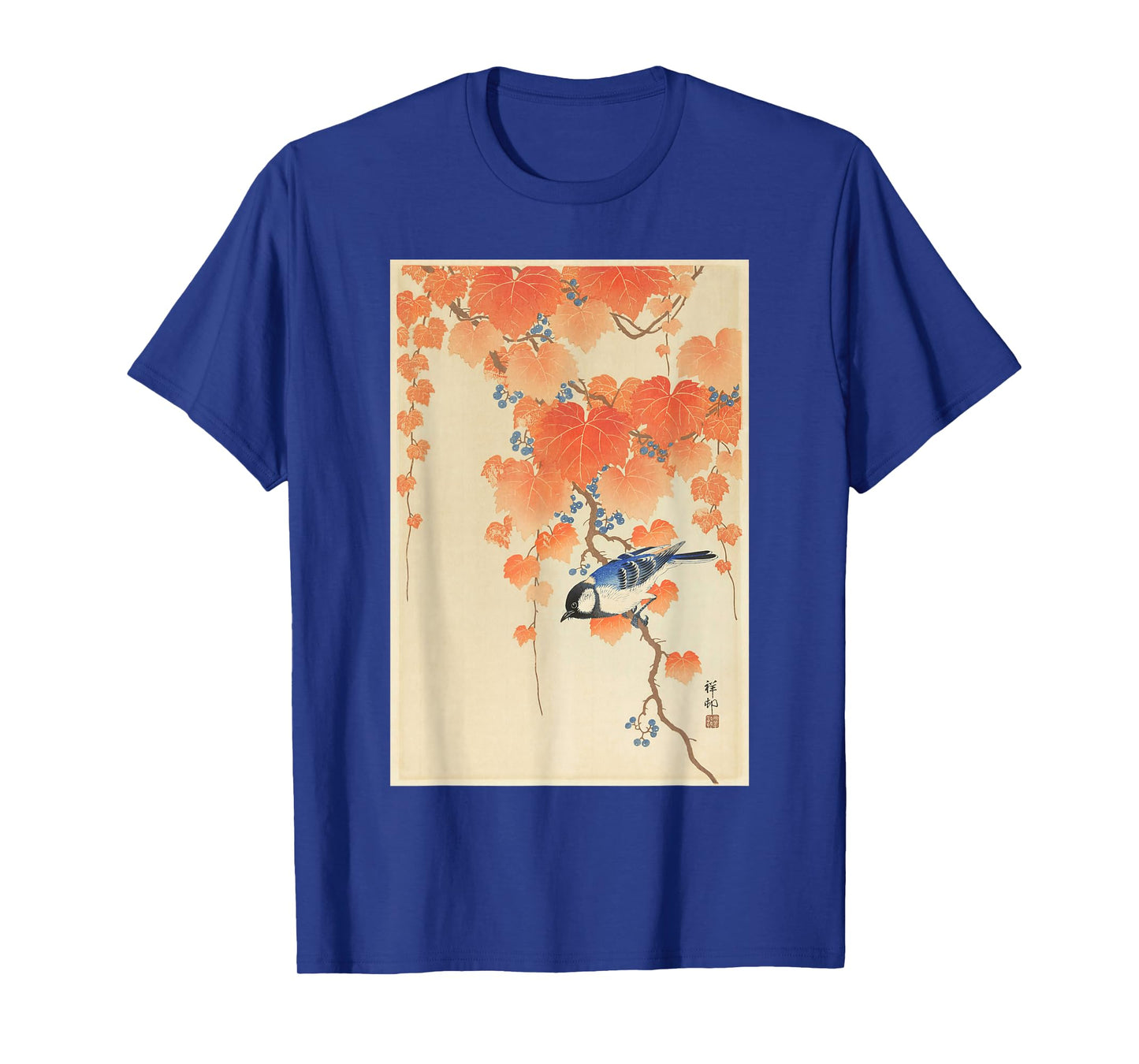 Vintage Japanese Art Naturalist Blue Song Bird Painting T-Shirt
