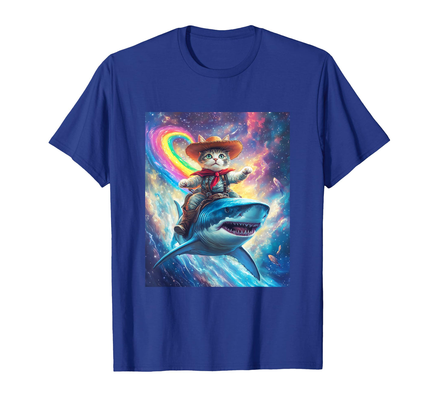 Cowboy Cat Riding Shark Graphic Tee T-Shirt