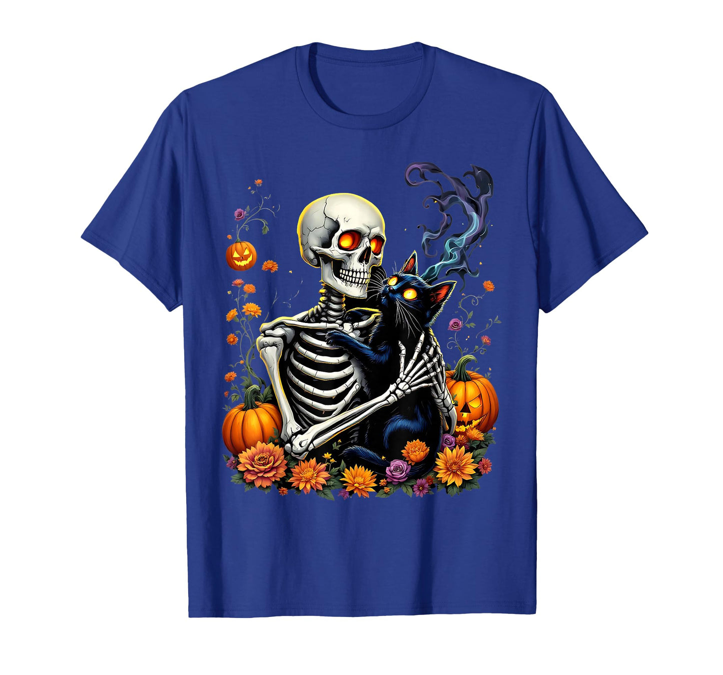 Skeleton Hugging Black Cat Halloween T-Shirt