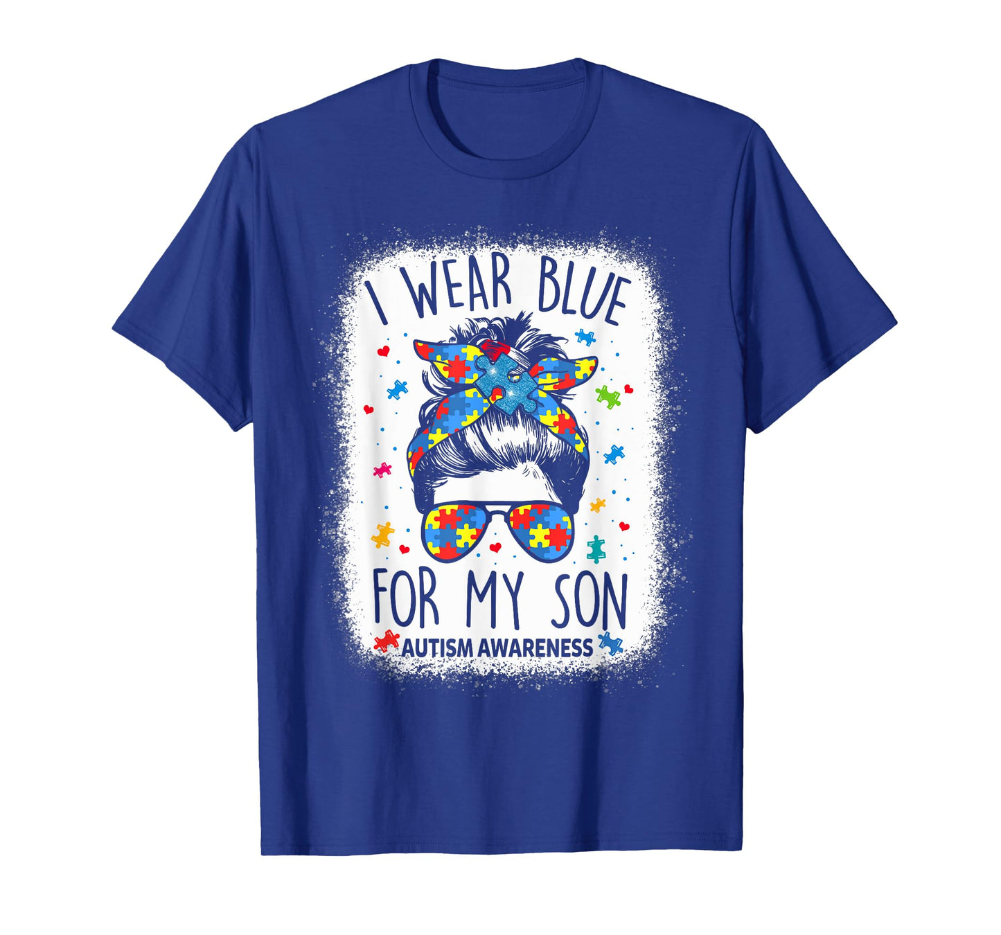 Autism Awareness shirt Mom Messy Bun I Wear Blue For My Son T-Shirt