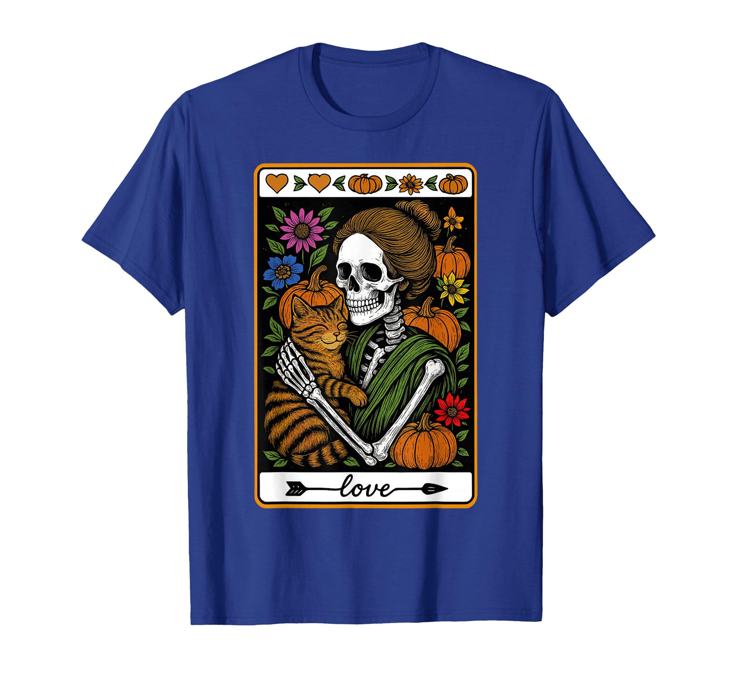Skeleton Hugging Cat Halloween Pumpkin Cat Mom Tarot Card T-Shirt