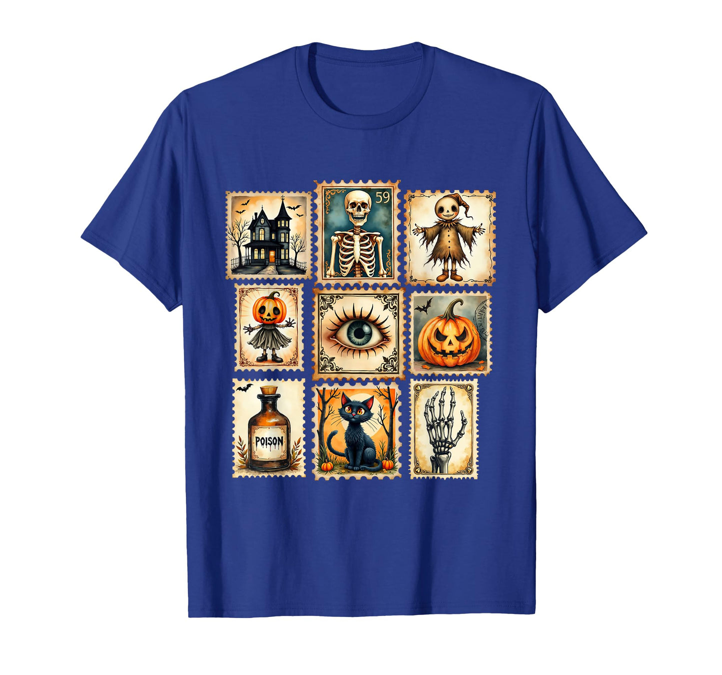 Vintage Cat Pumpkin Halloween Postage Stamp Grid T-Shirt