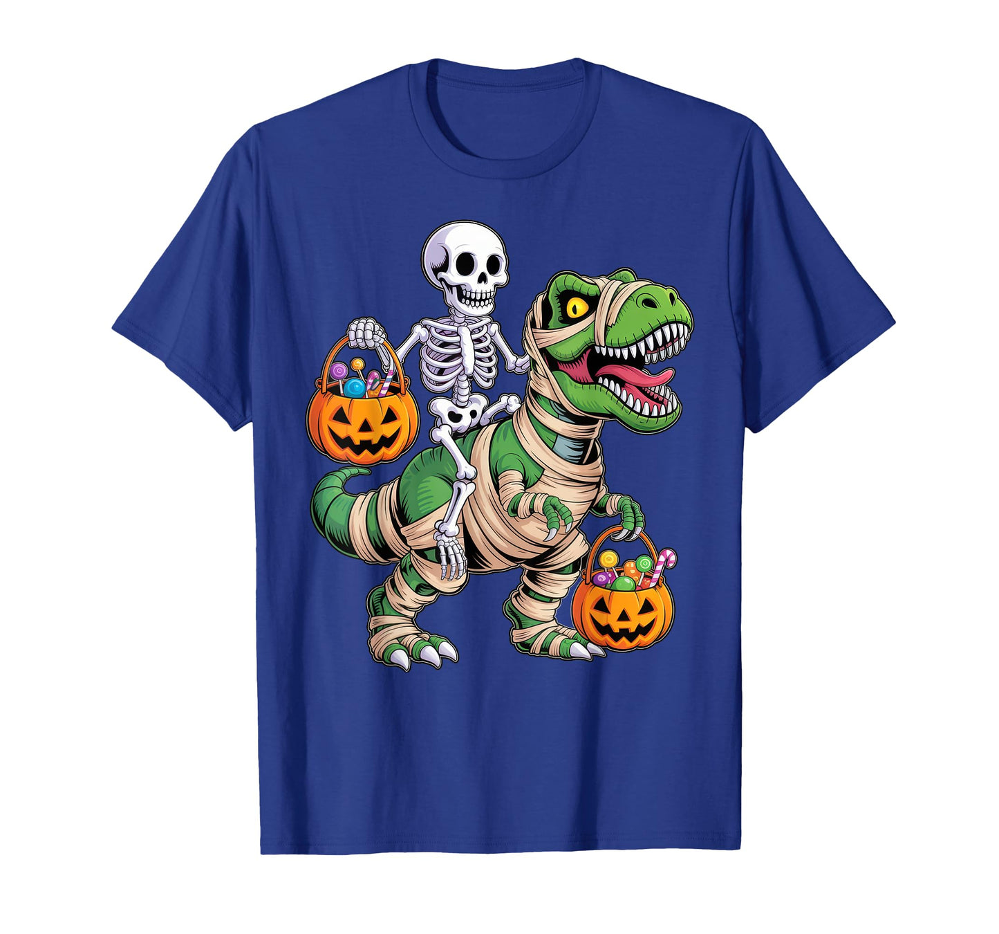 Skeleton Riding Mummy Dinosaur T rex Halloween Funny Pumpkin T-Shirt