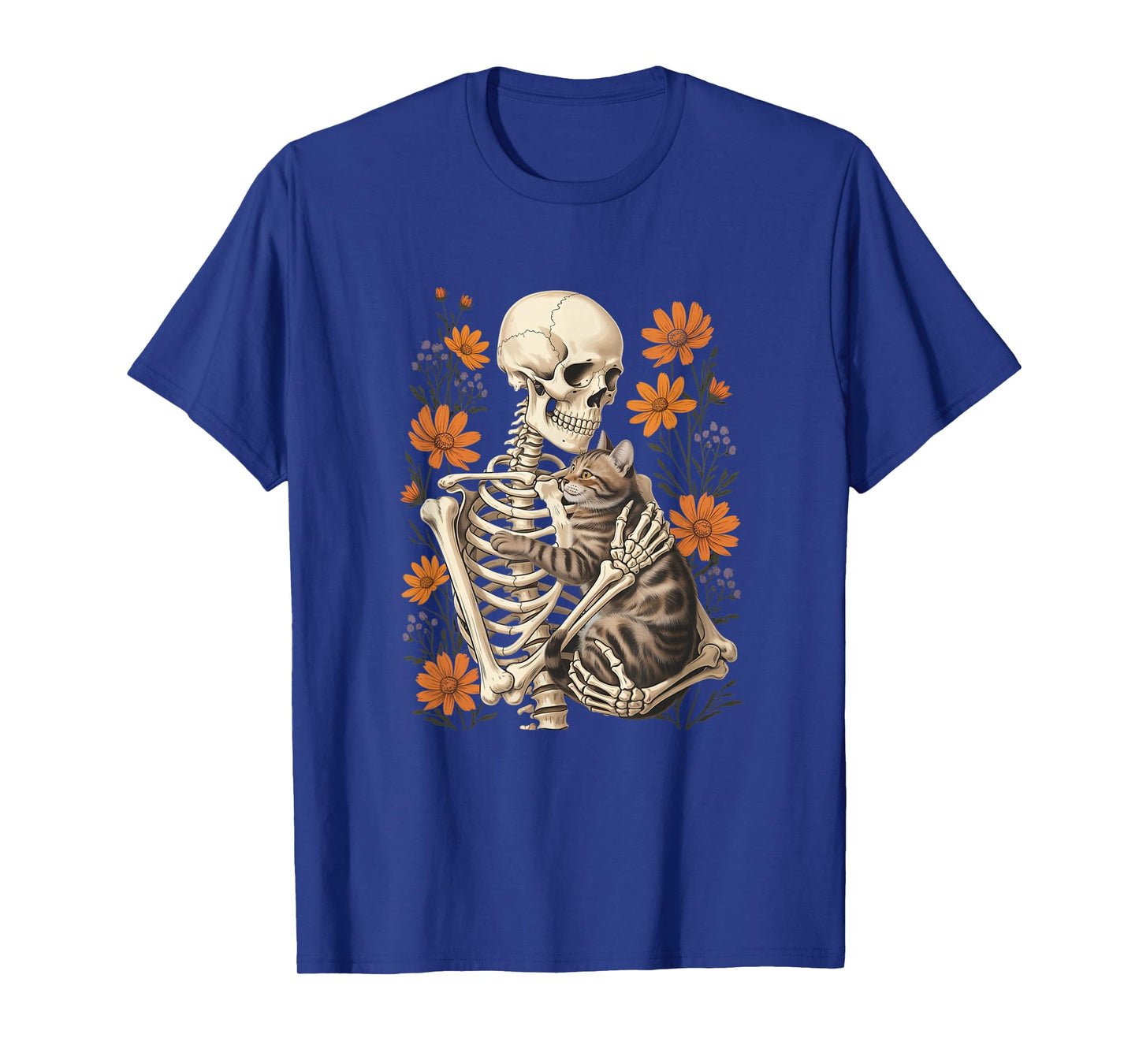 Funny Skeleton Hugging Cat Floral Halloween Cats Lover T-Shirt