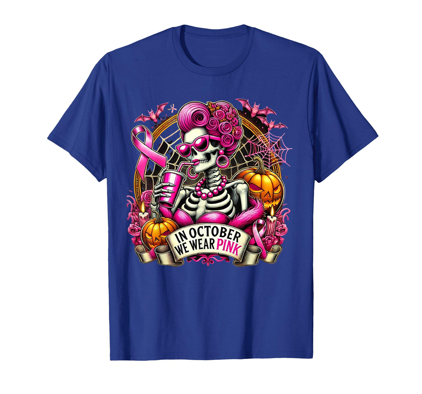 In October We Wear Pink Skull Messy Bun Glasses Halloween T-Shirt