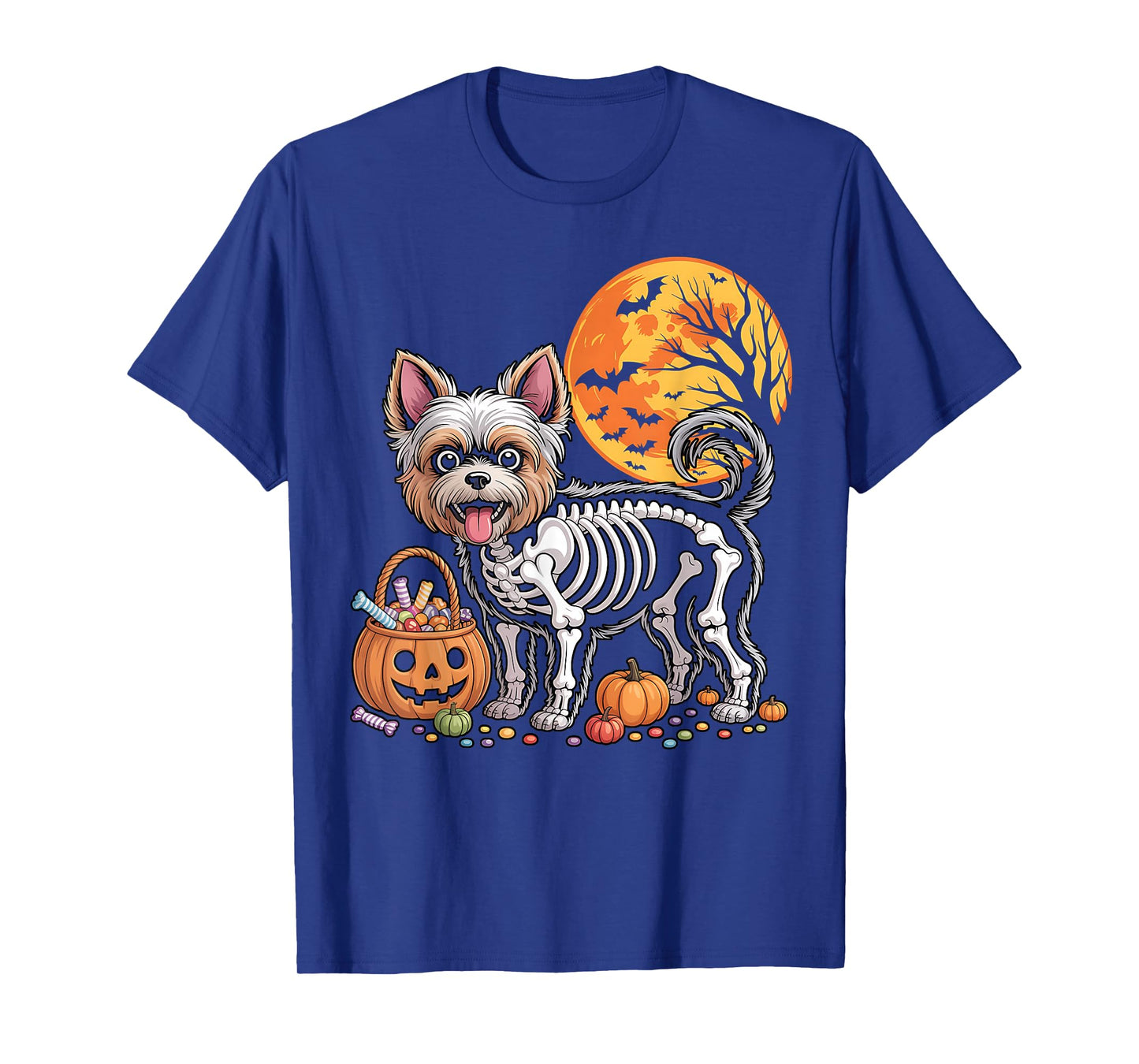Yorkshire Terrier Dog Skeleton Scary Pumpkin Moon Halloween T-Shirt