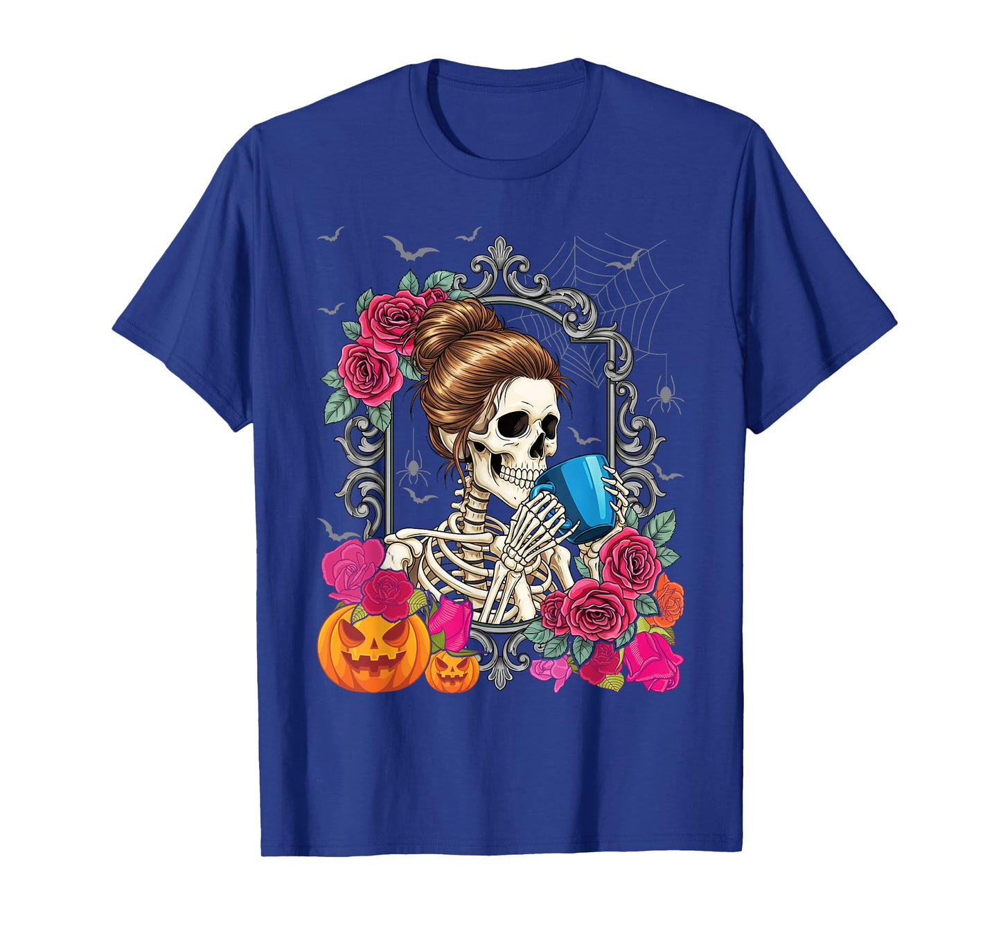 Messy Bun Skeleton Drinking Coffee Vintage Halloween Funny T-Shirt