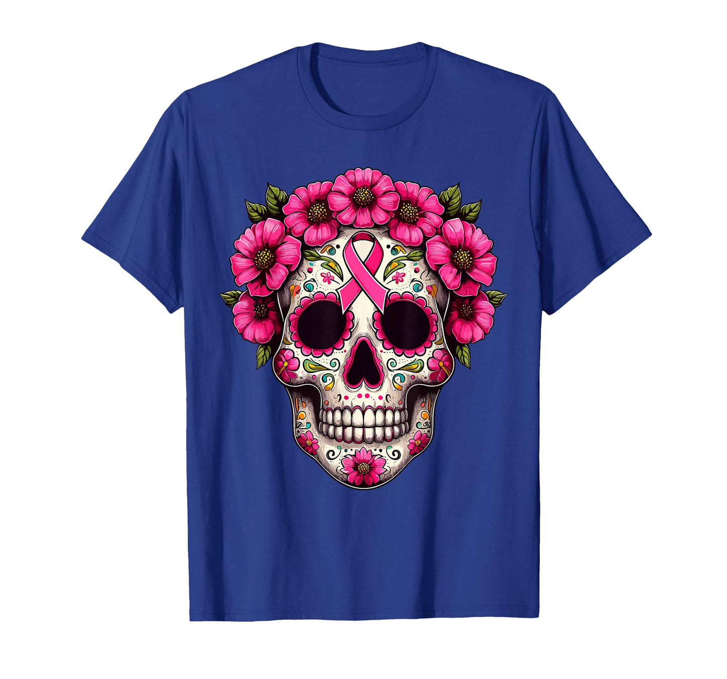 Sugar Skull Pink Ribbon Calavera Breast Cancer Awareness T-Shirt