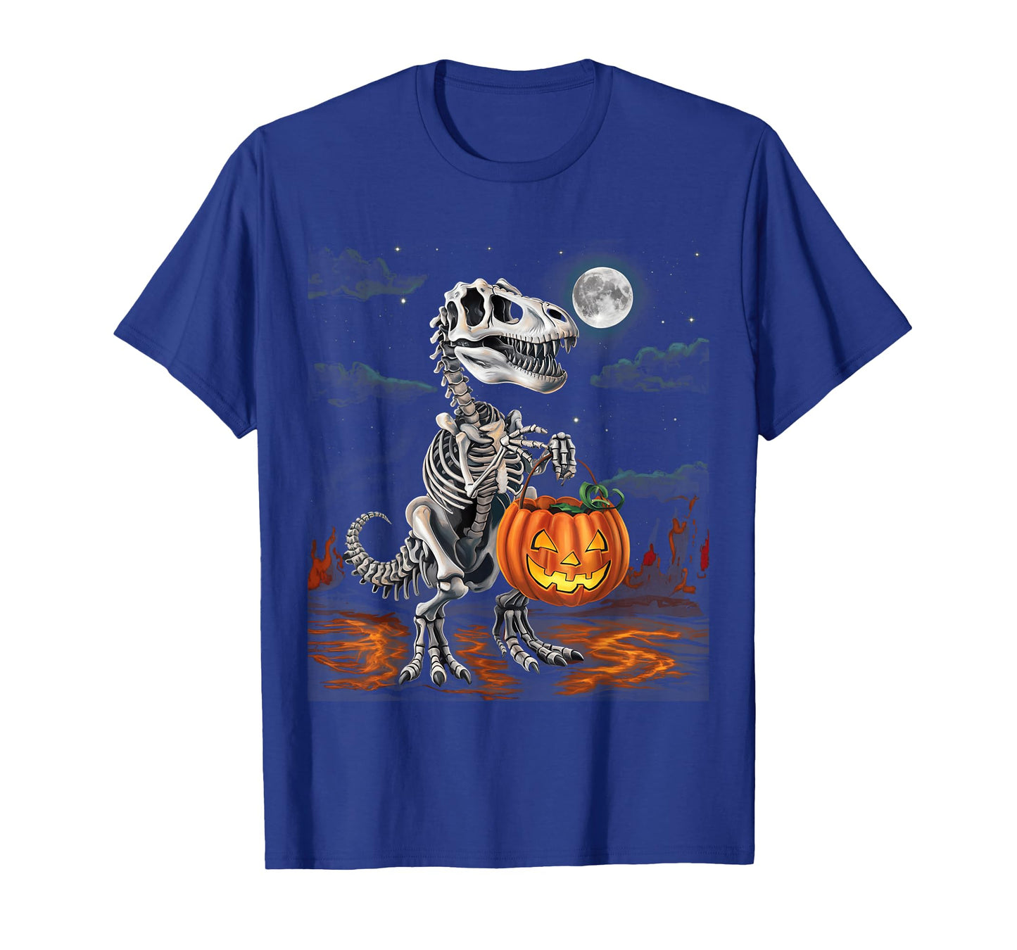 Dinosaur Skeleton T rex Scary Pumpkin Moon Boys Halloween T-Shirt