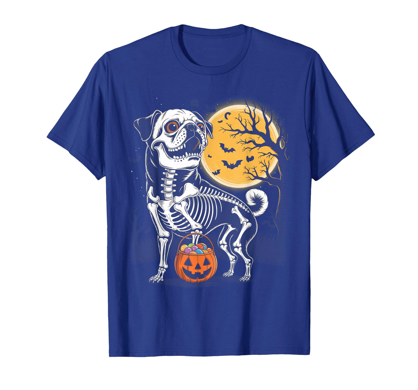 Funny Pug Skeleton Scary Pumpkin Moon Halloween T-Shirt