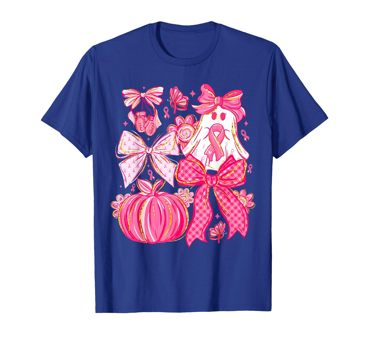 Pink Ribbon Pumpkin Ghost Halloween Breast Cancer Awareness T-Shirt