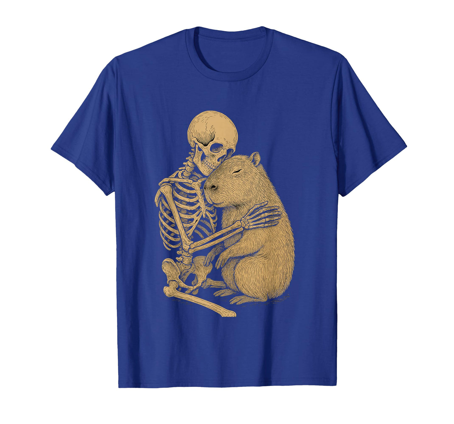 Skeleton Embracing Capybara Gothic Animal Illustration T-Shirt