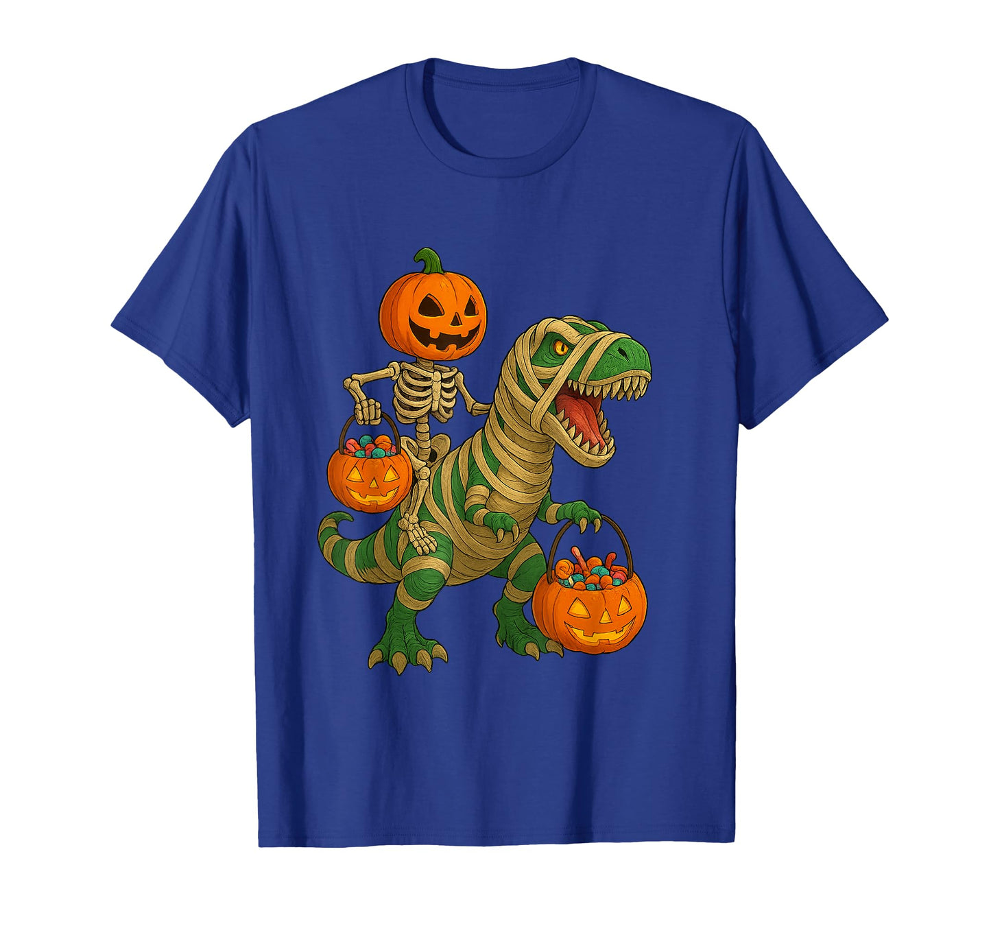 Halloween Skeleton on T-Rex Dinosaur with Pumpkin Candy T-Shirt