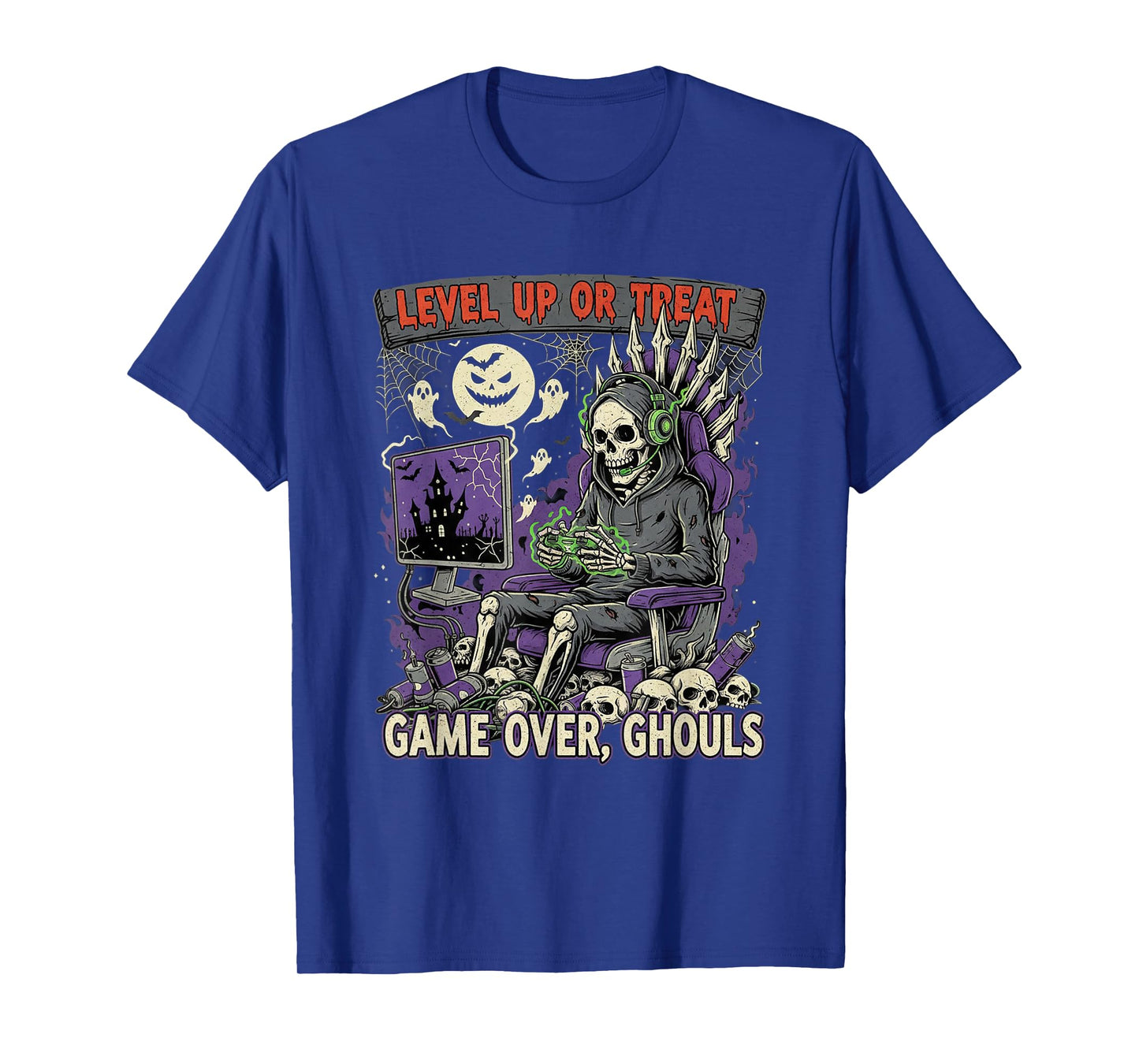 Level Up Or Treat Game Over Ghouls Halloween Skeleton Gamer T-Shirt