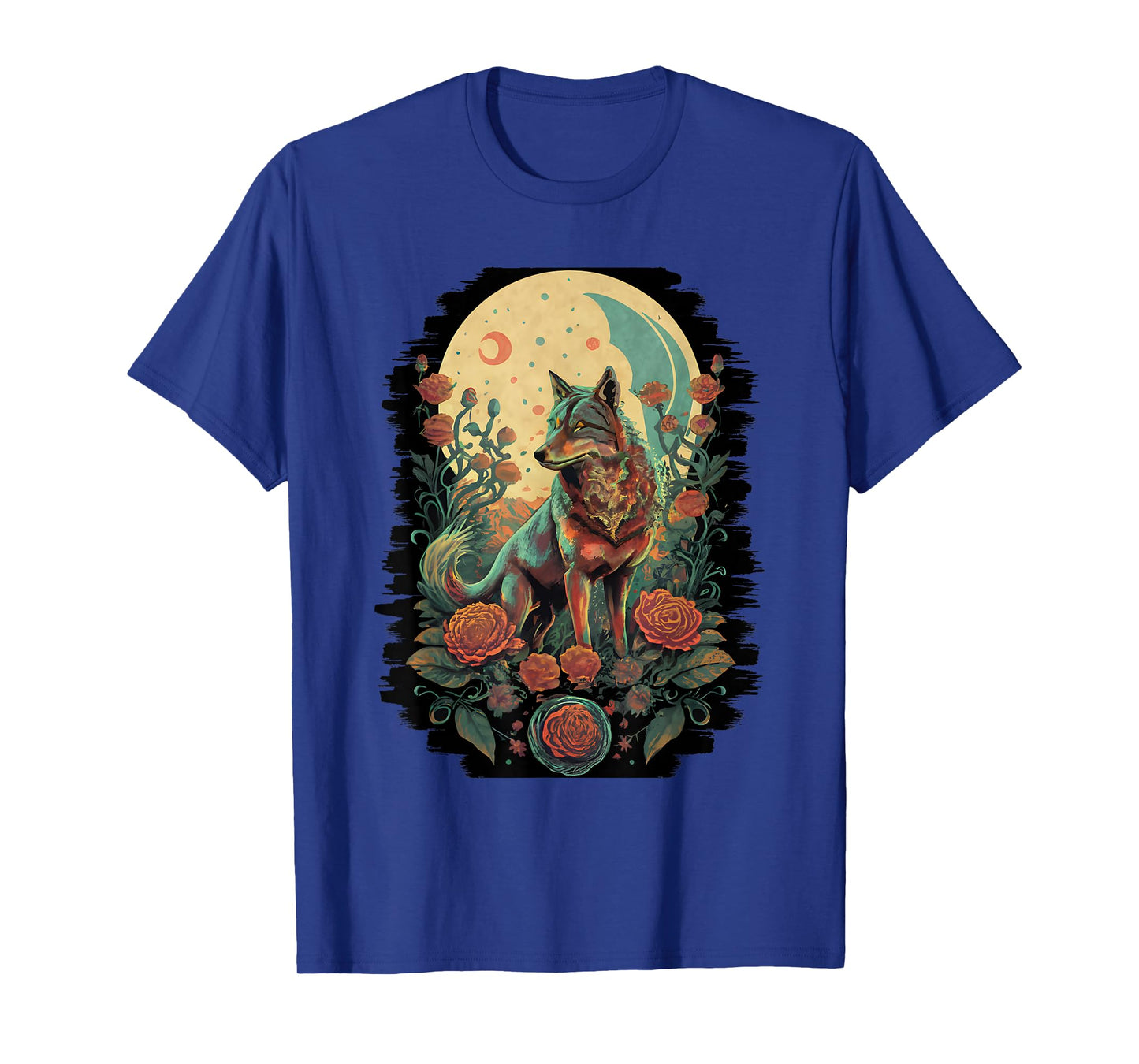 Botanical Wolf Women Roses Full Moon Children Floral Wolf T-Shirt