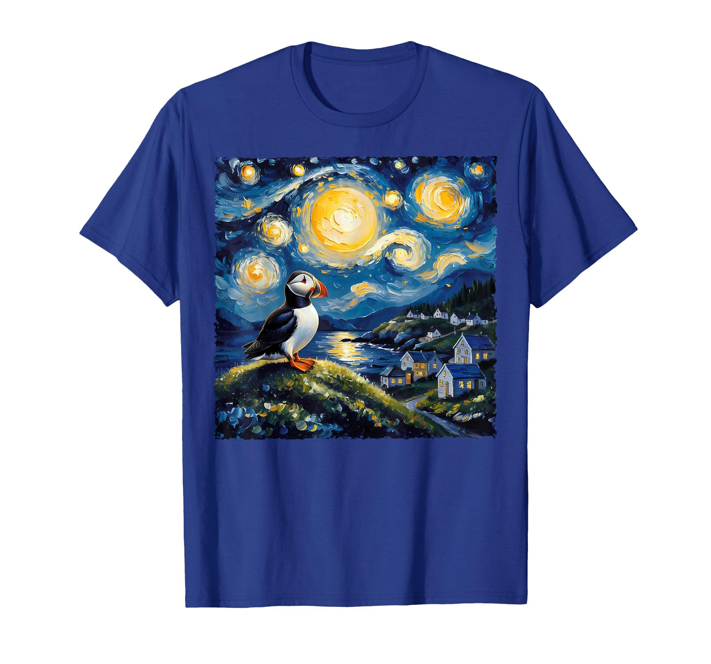 Van Gogh Style Funny Puffin Lover The Starry Night Painting T-Shirt