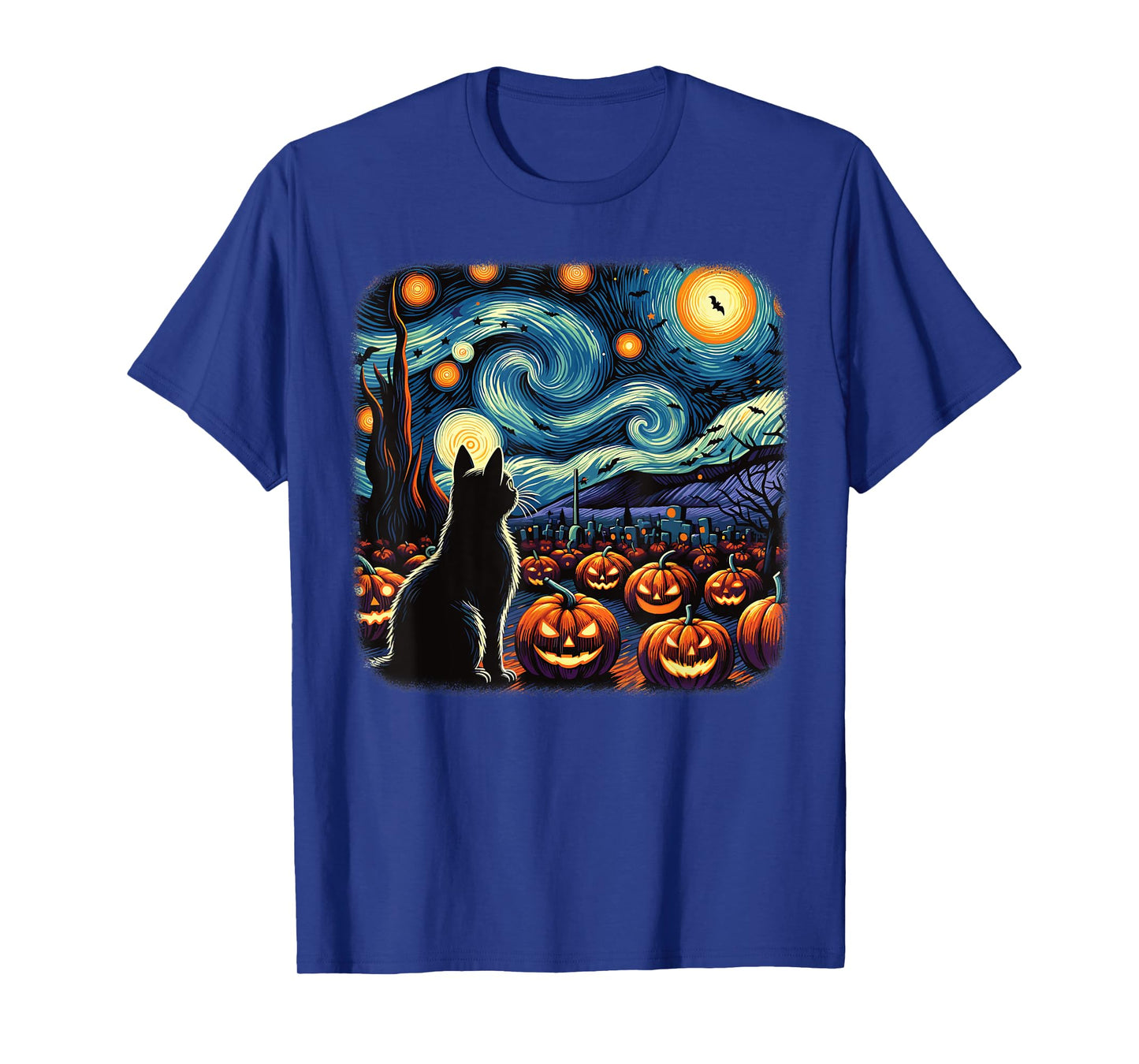 Halloween Black Cat Van Gogh Starry Night Pumpkins Bats Men Women Girls Kids T-Shirt