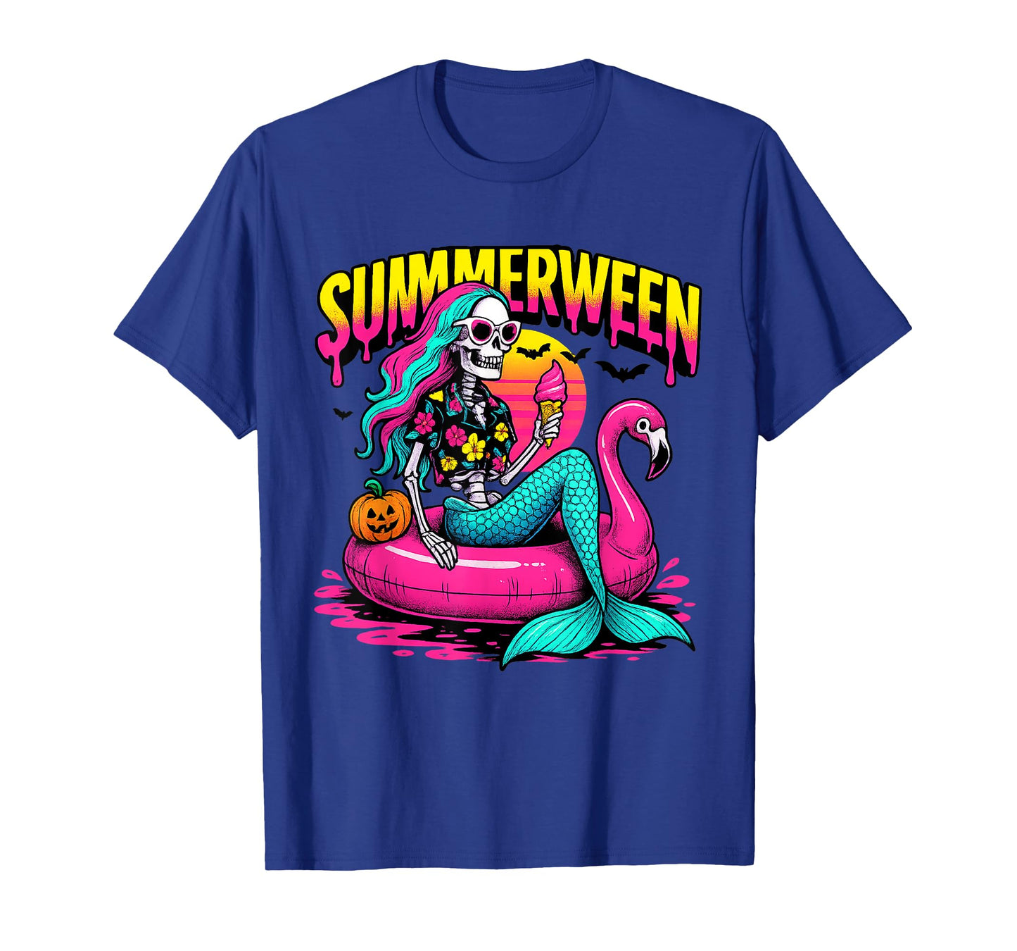 Summerween Skeleton Mermaid Halloween Flamingo T-Shirt