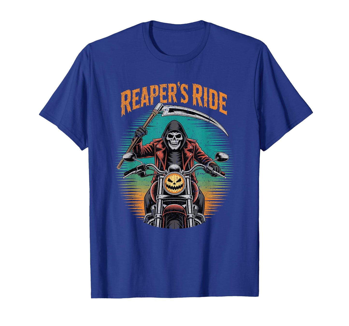 Reaperβs Ride Skeleton Biker Scythe Halloween Jack-o-Lantern T-Shirt
