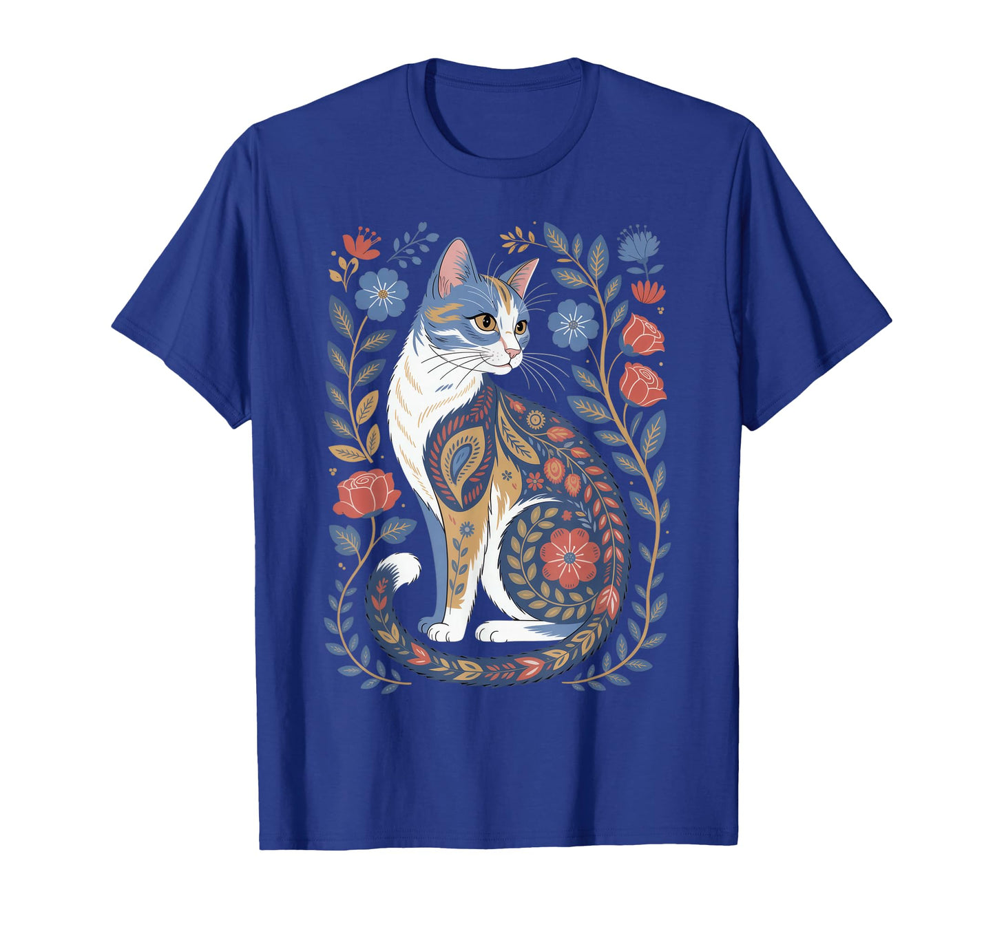 Cute Cat Lover Vintage Flowers Art Pattern Aesthetic T-Shirt