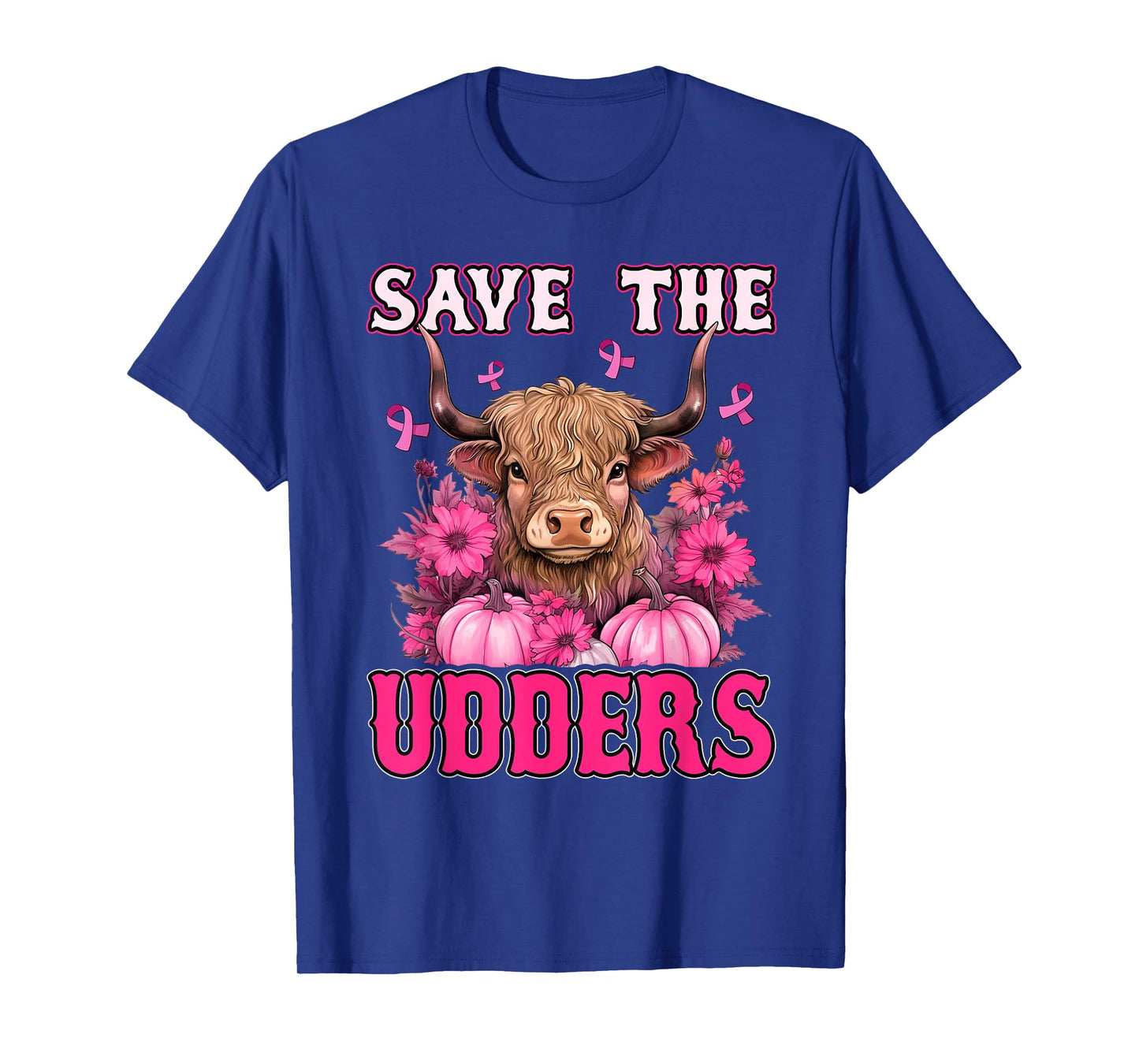 Save The Udders Messy Hair Highland Cow Pink Breast Cancer T-Shirt