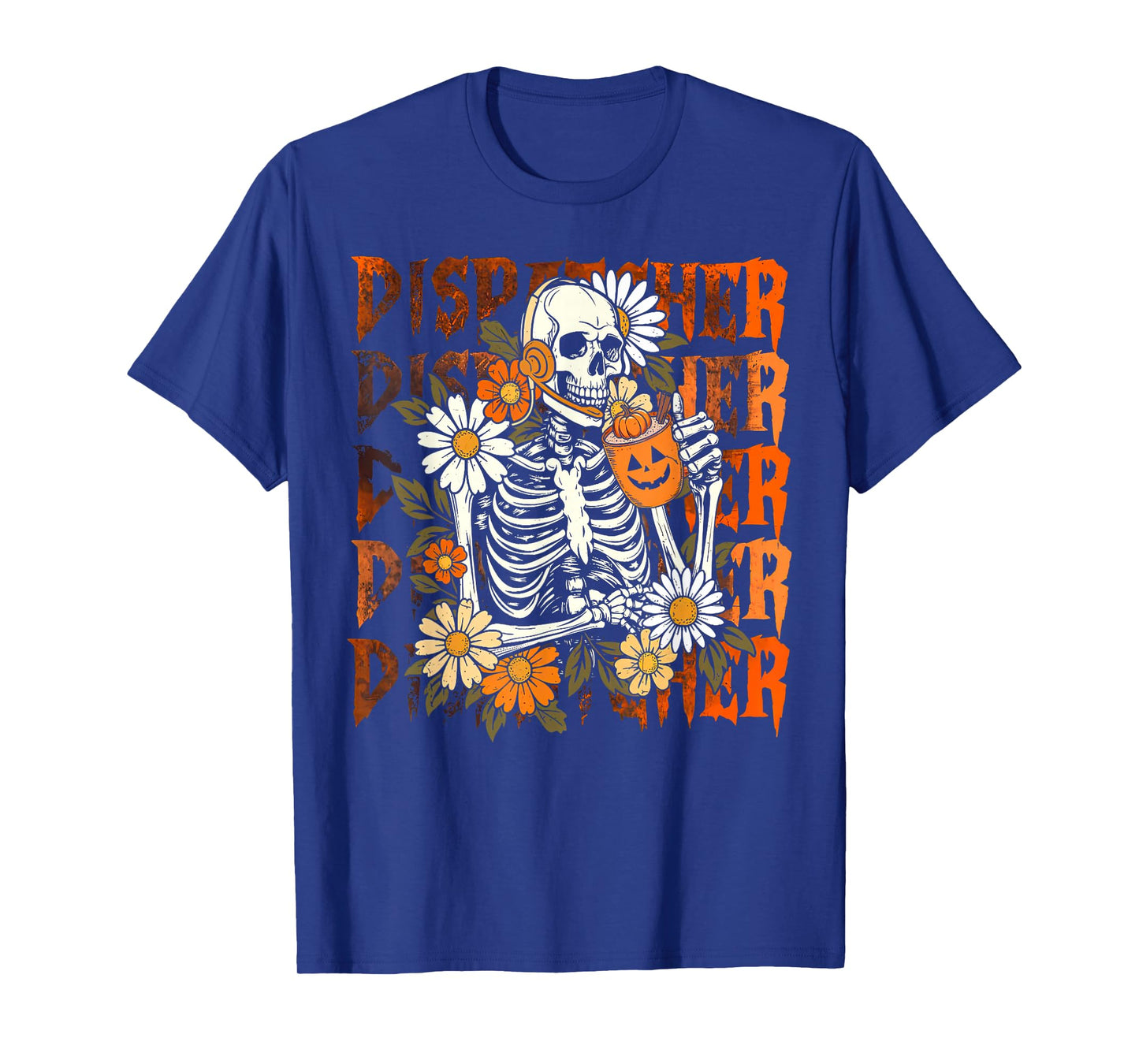 Retro 911 Dispatcher Skeleton Daisy Flower Pumpkin Halloween T-Shirt