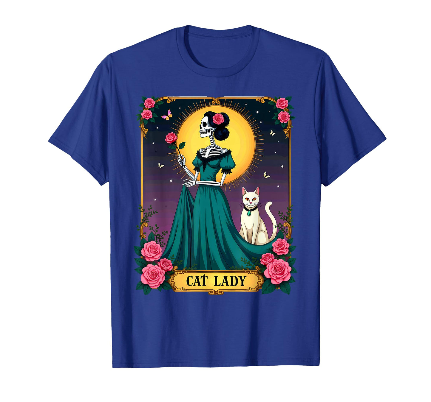 Retro Cat Lady Tarot Card Skeleton Halloween T-Shirt