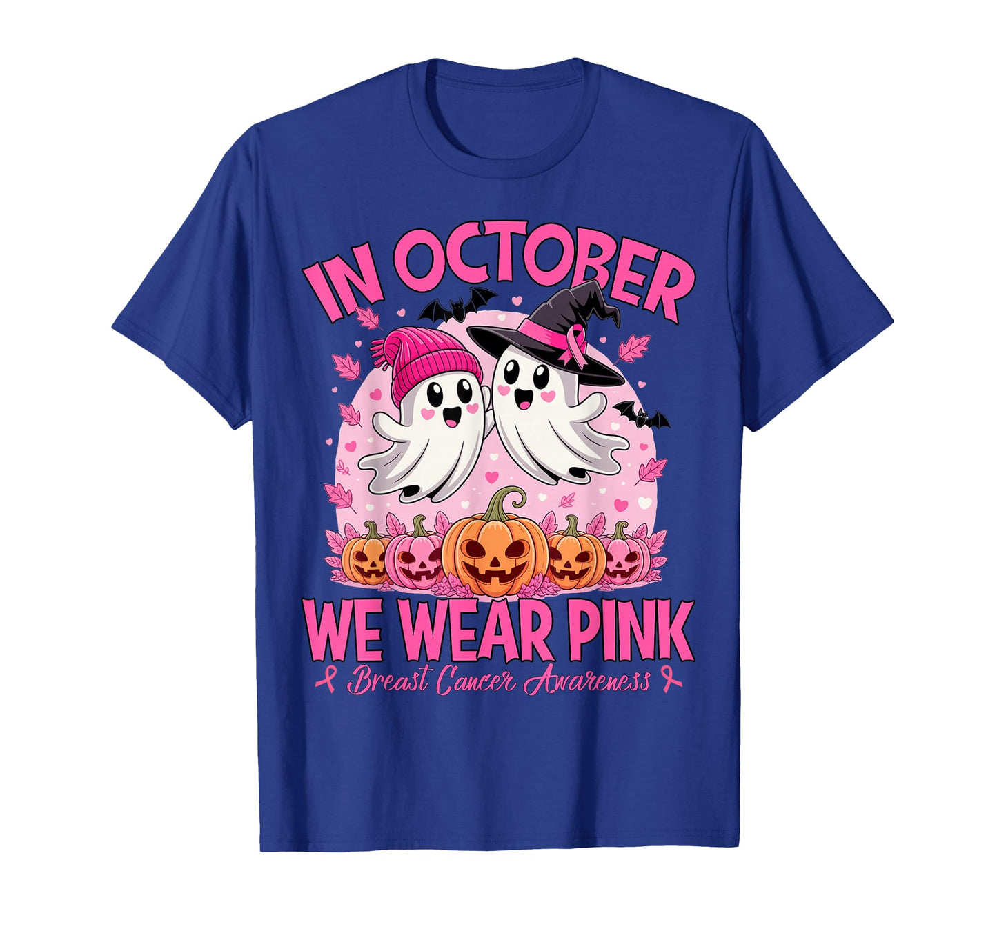 in October We Wear Pink Ghost Witch Breast Cancer Awareness T-Shirt