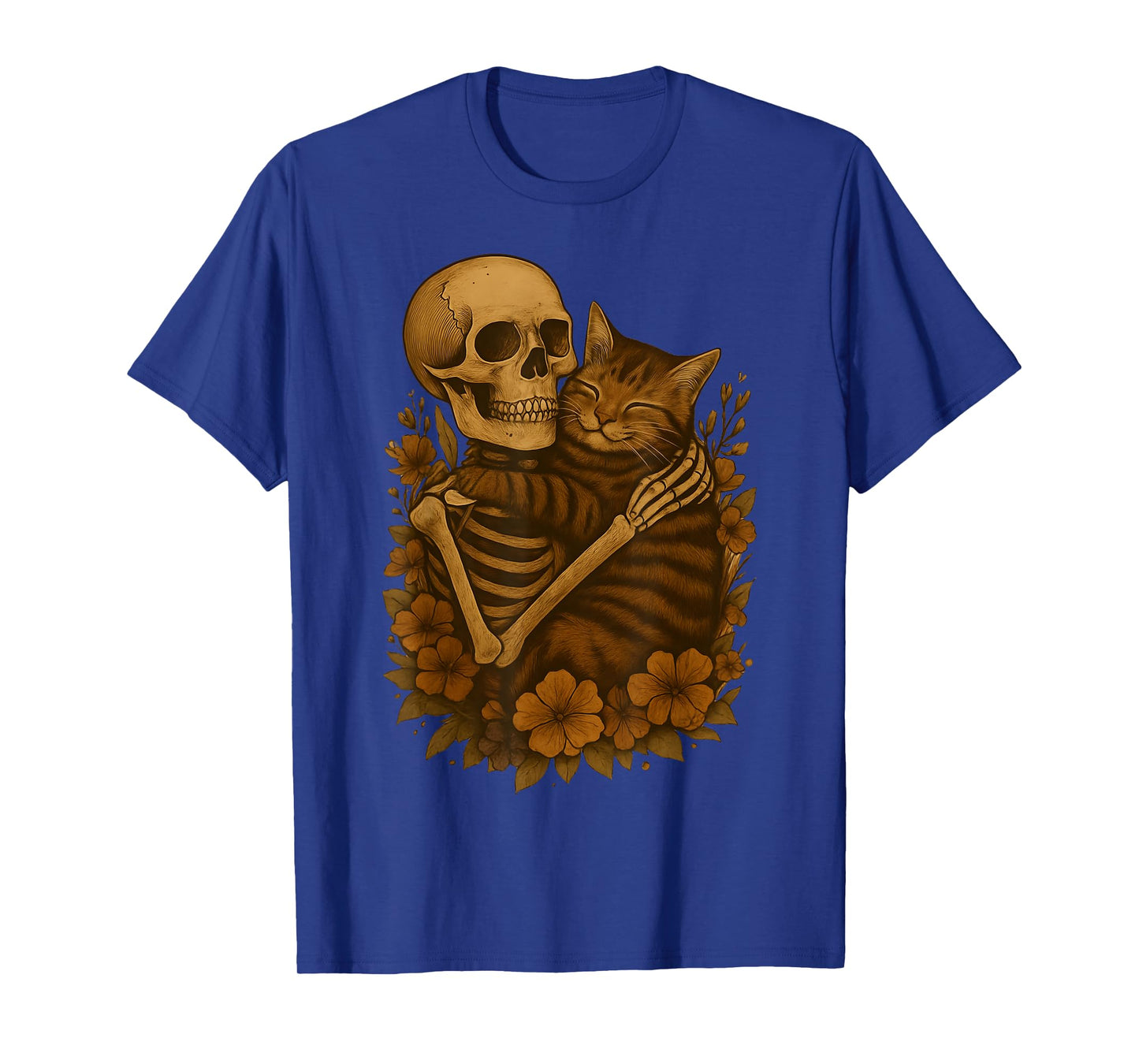 Skeleton Hugging Cat Floral Halloween Cats Lover T-Shirt