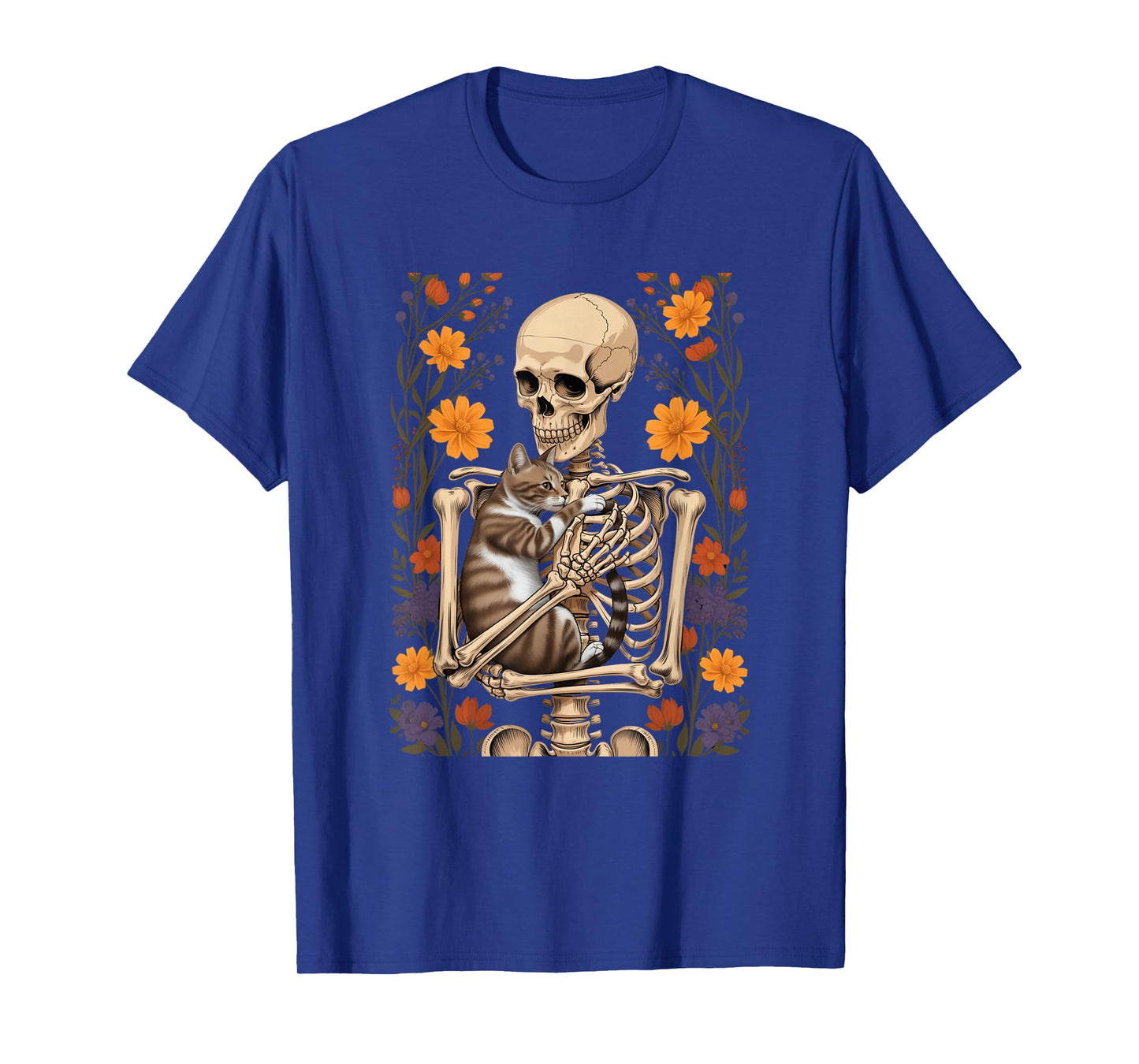 Funny Skeleton Hugging Cat Floral Halloween Cats Lover T-Shirt