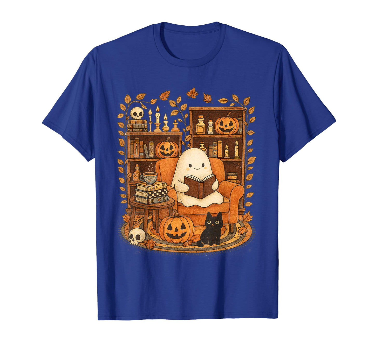 Halloween Cute Ghost Reading Book Lover Bookish Pumpkin Fall T-Shirt