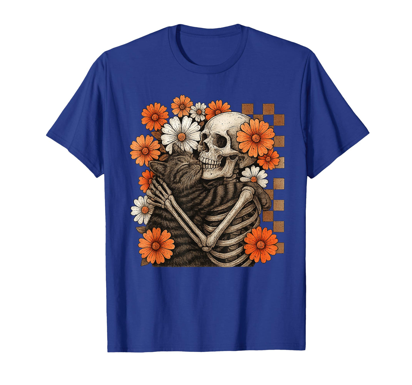 Floral Checkered Skeleton Hugging Cat Halloween T-Shirt