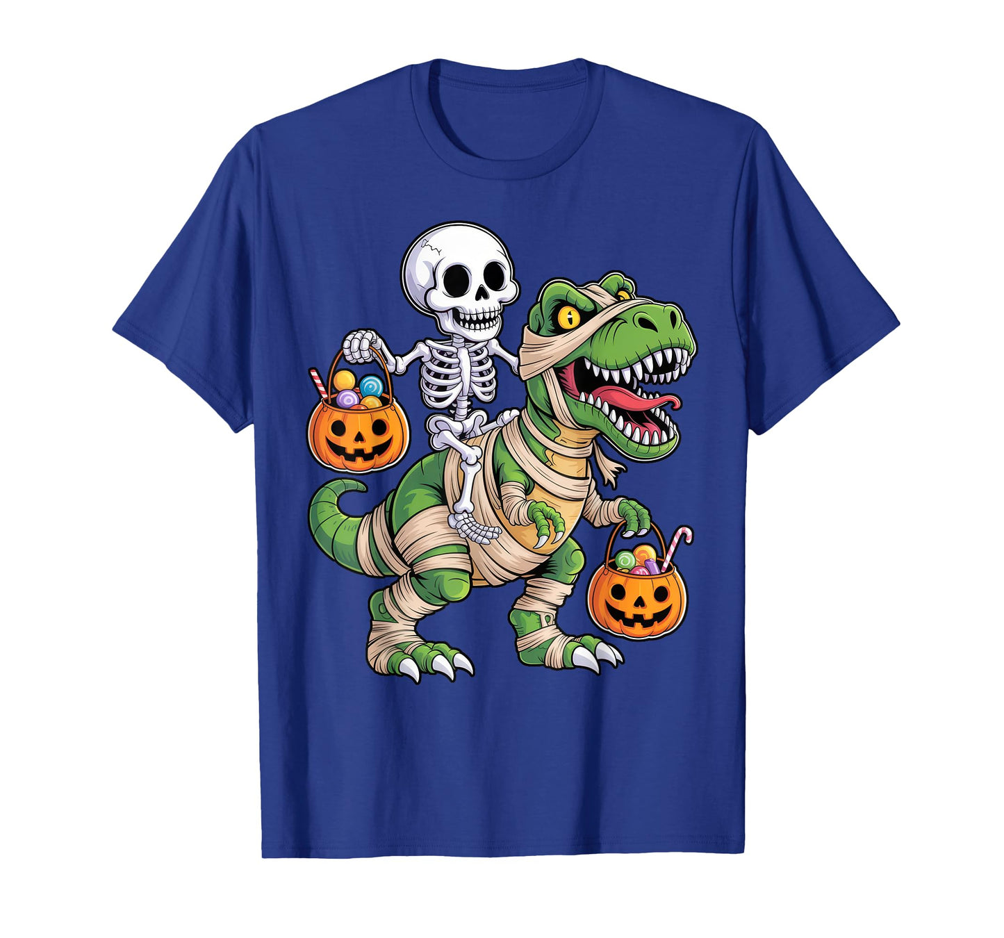Skeleton Riding Mummy Dinosaur T rex Kids Boys Men Halloween T-Shirt