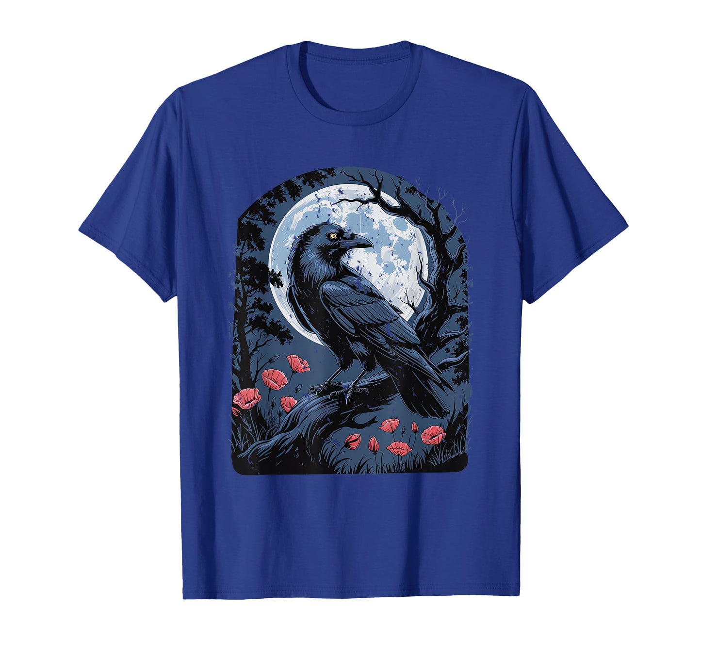 Raven with Poppies Moon and Flowers Gothic Botanical Crow T-Shirt