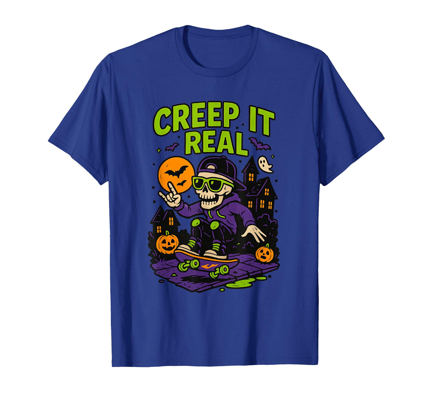 Creep It Real Halloween Skeleton Skateboarding Spooky Design T-Shirt