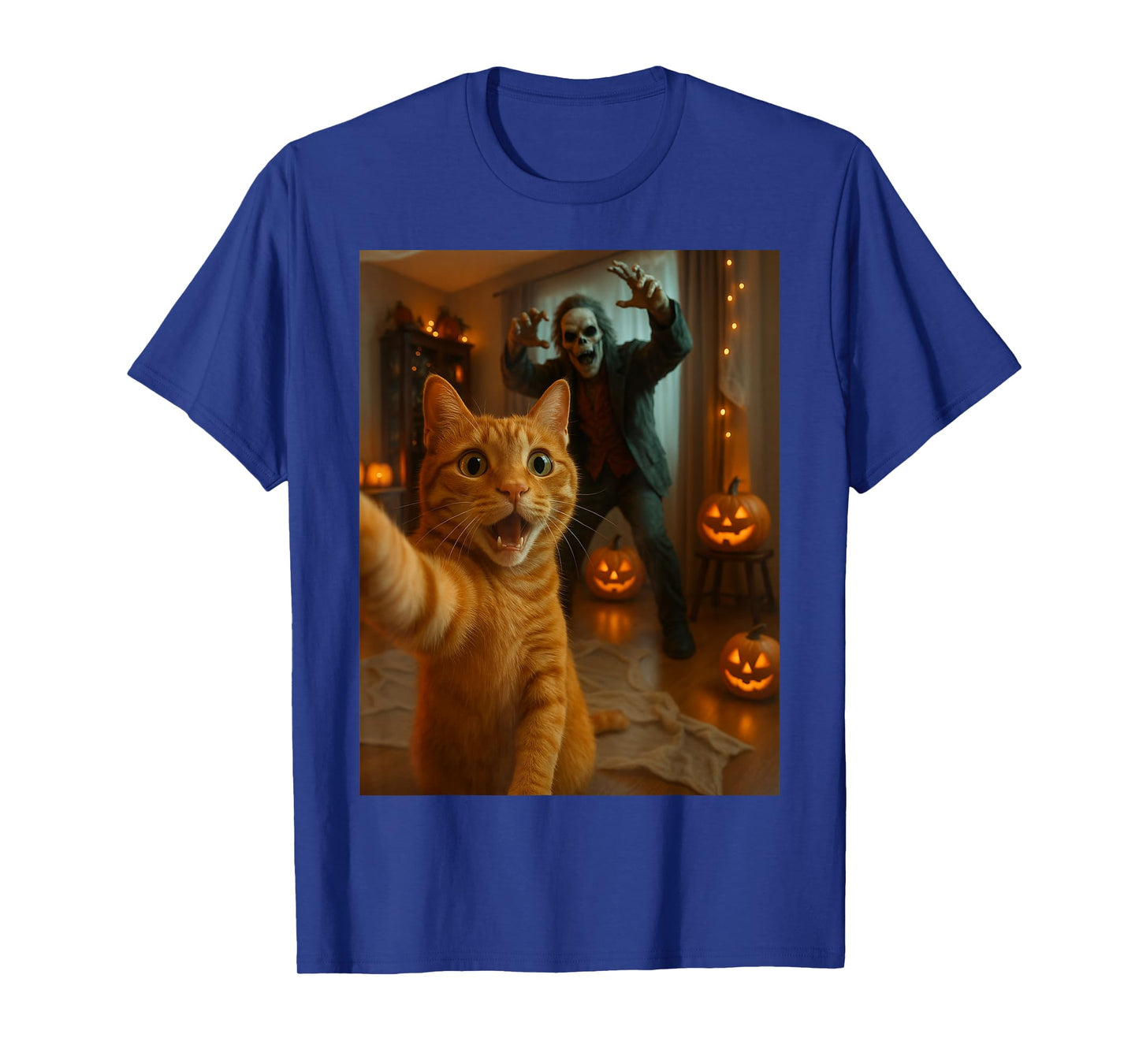 Funny Orange Cat and Skeleton Monster Halloween Party T-Shirt