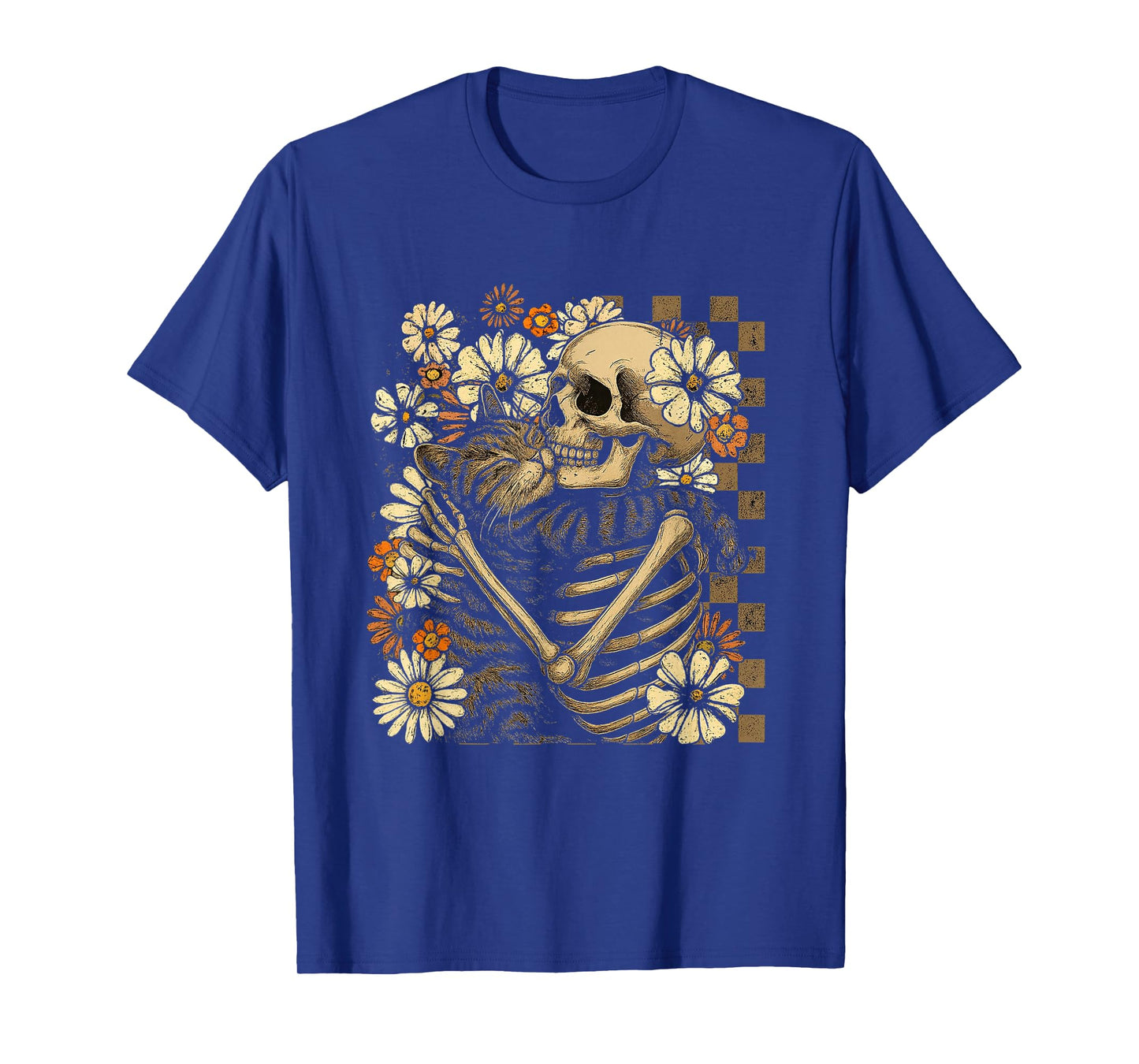 Skeleton Hugging Cat Floral Halloween Cats Lover Men Women T-Shirt