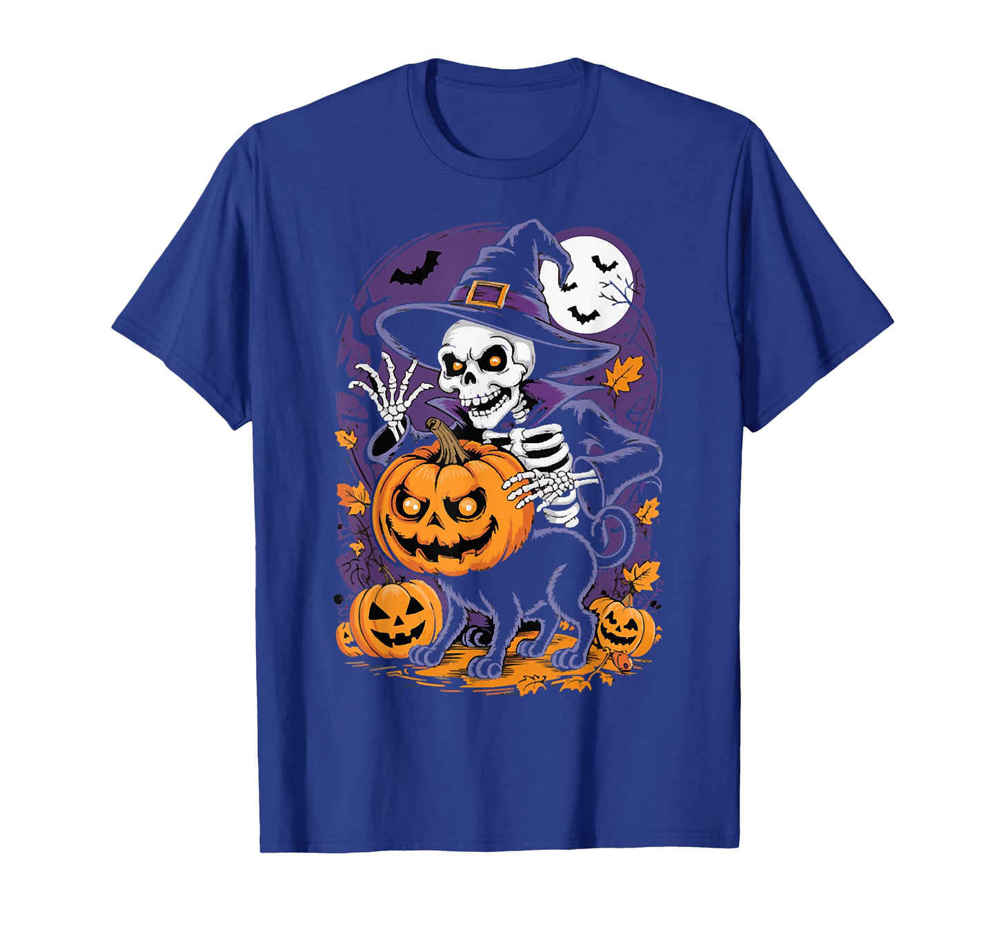Spooky Skeleton with Jack-o'-Lanterns Cat, Happy Halloween T-Shirt