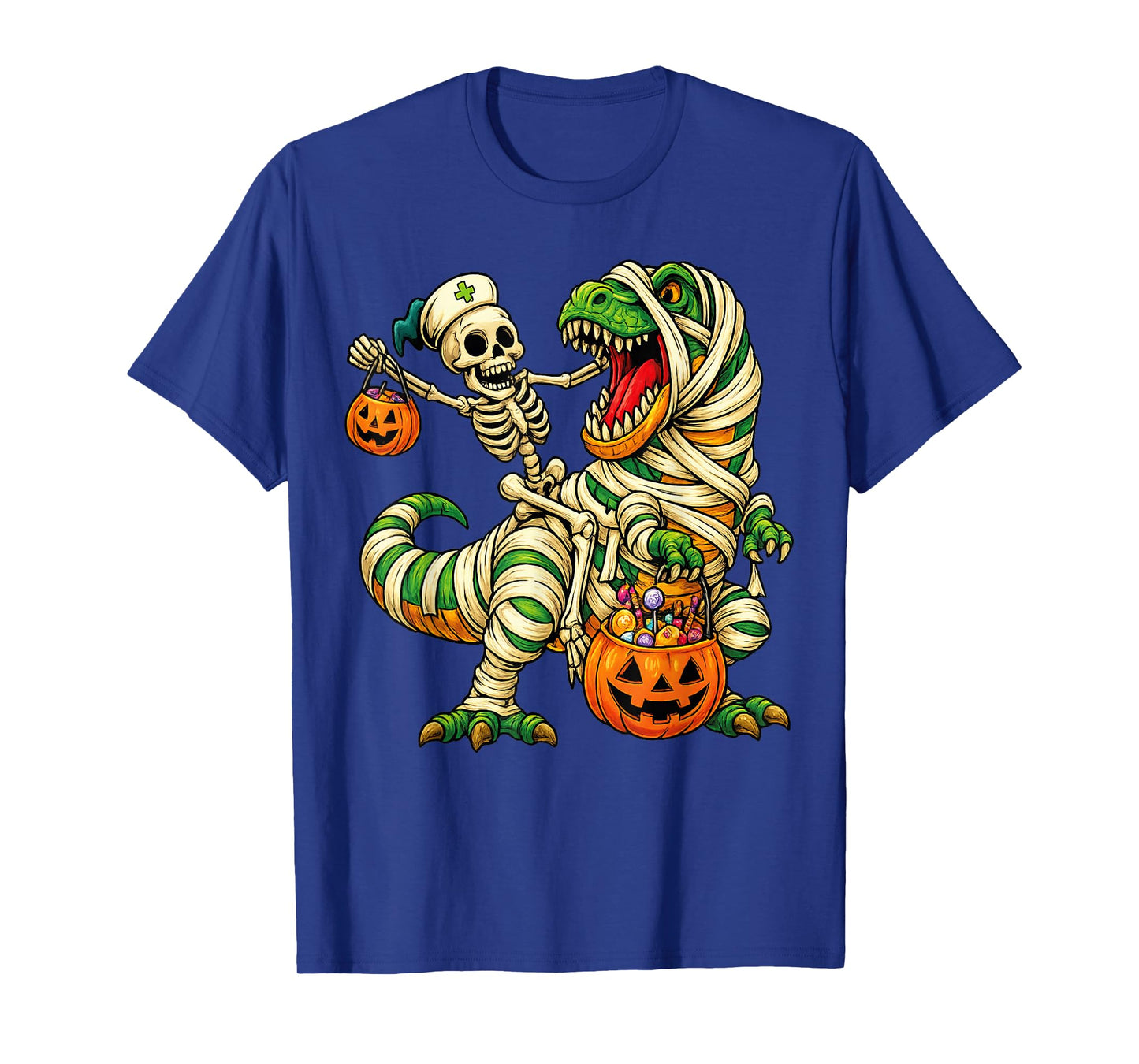 Skeleton Riding Mummy Dinosaur T rex Halloween Funny Pumpkin T-Shirt