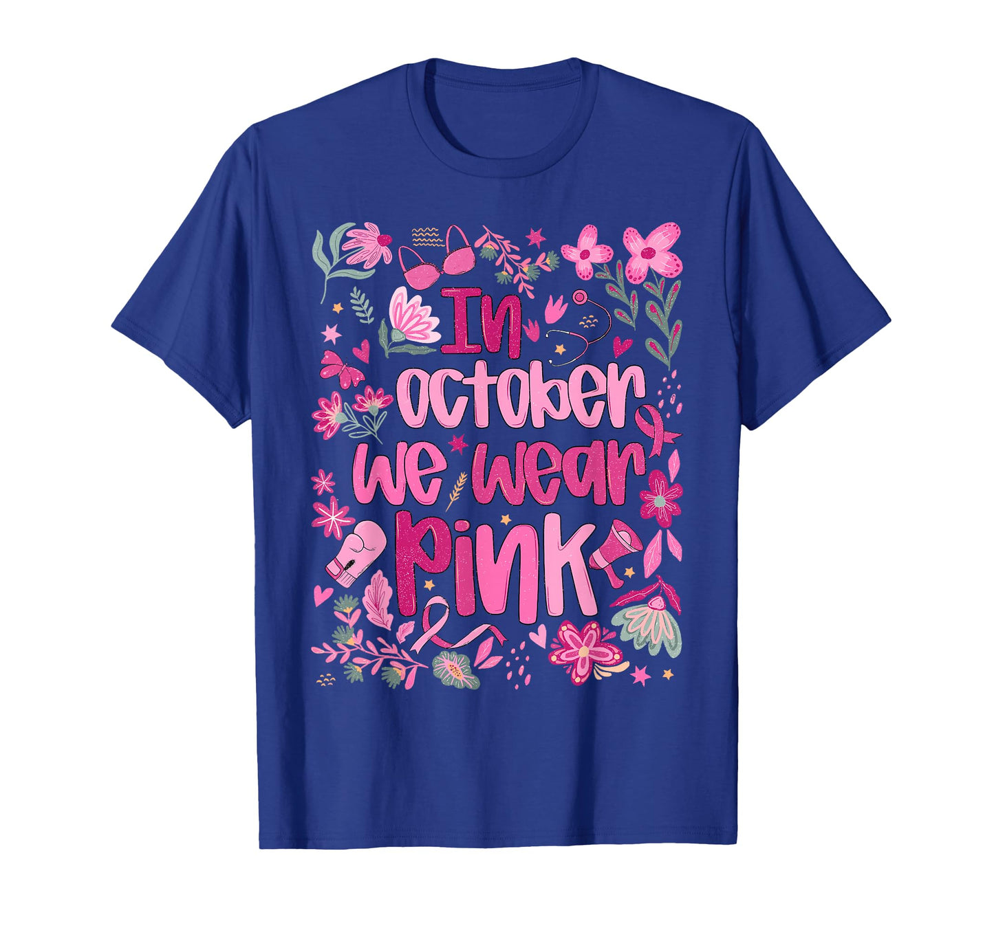in October We Wear Pink Boho Floral Breast Cancer Awareness T-Shirt