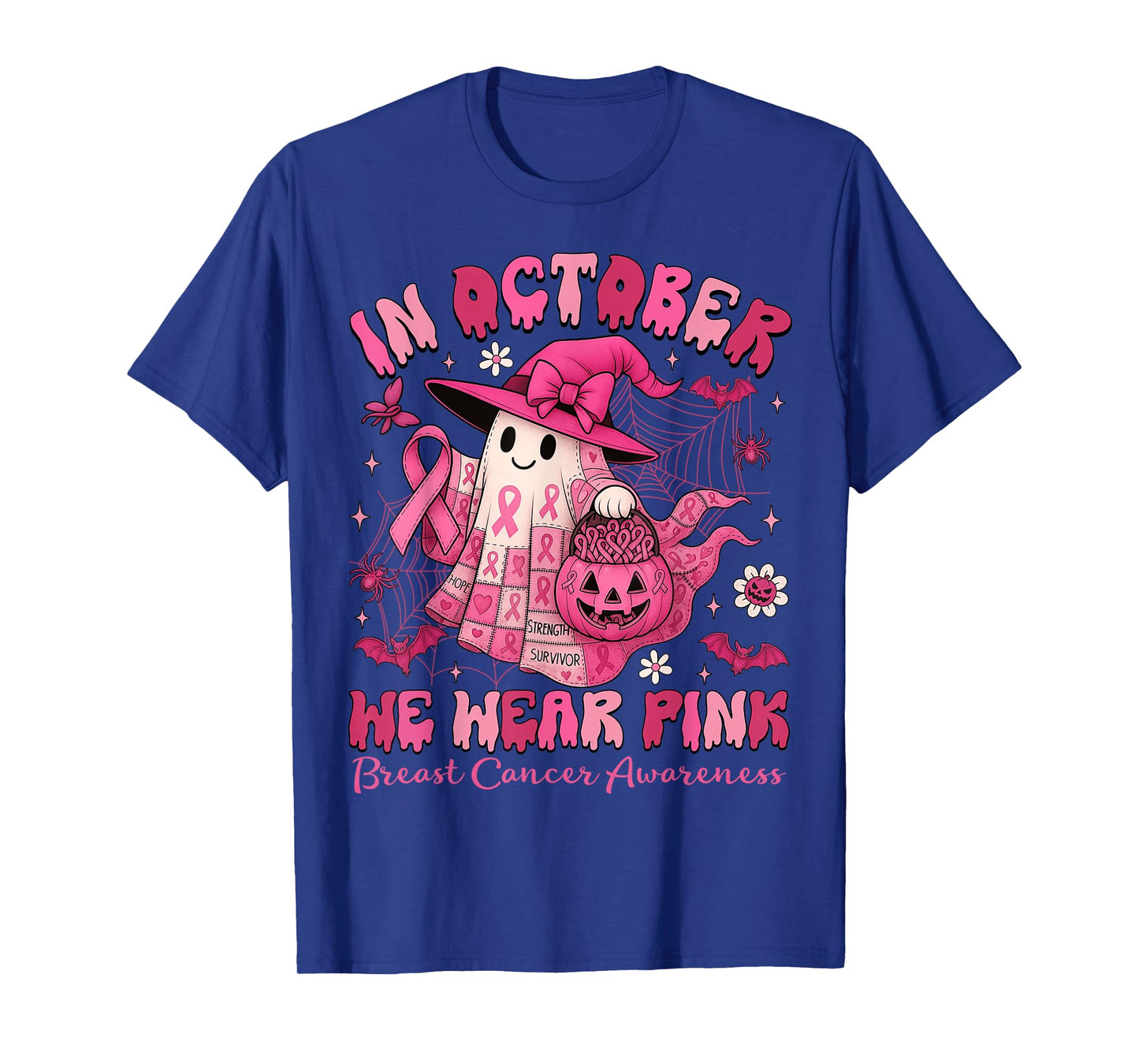 in October We Wear Pink Ghost Witch Patchwork Breast Cancer T-Shirt