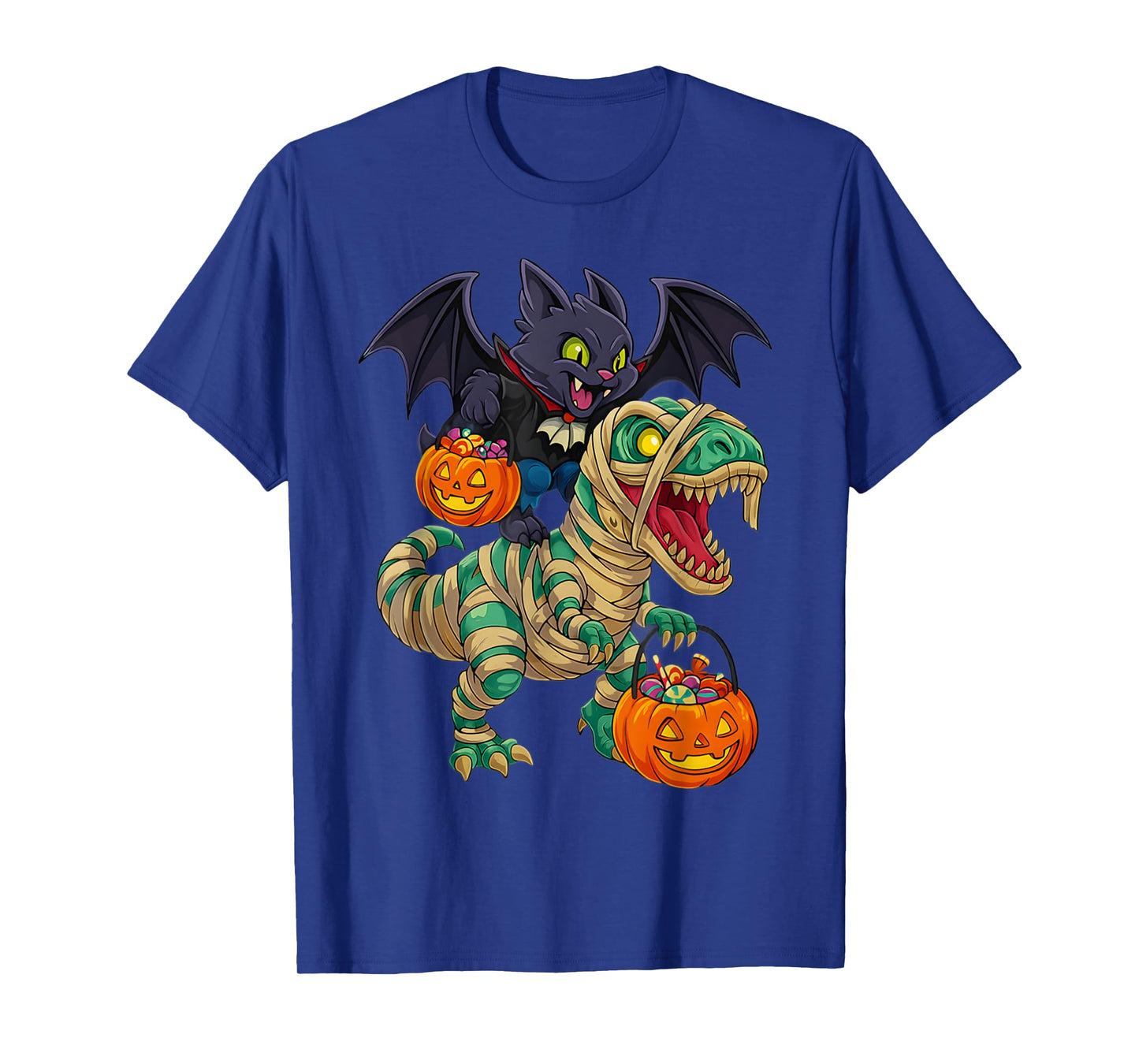 Vampire Cat Riding Mummy Dinosaur T rex Halloween Pumpkin T-Shirt