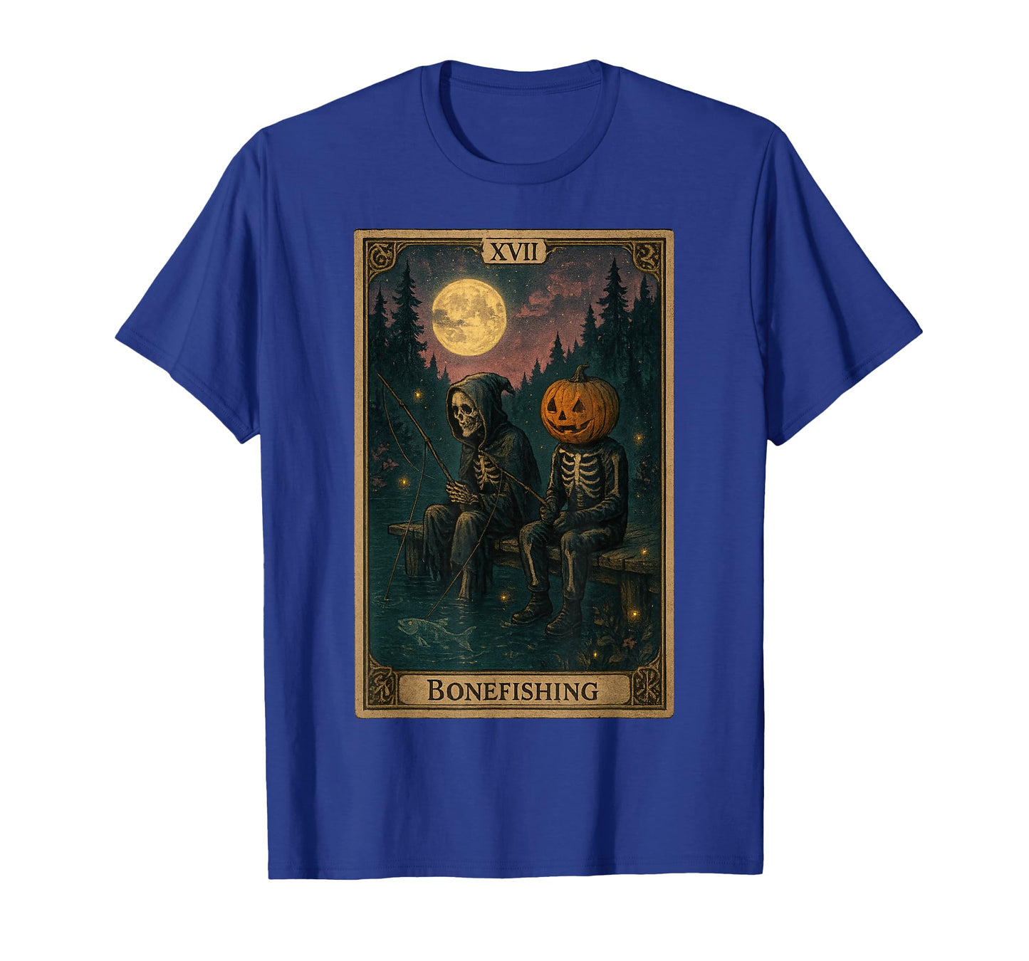 Tarot Card Bonefishing Jack O Lantern Cowl Skeleton Fishing T-Shirt