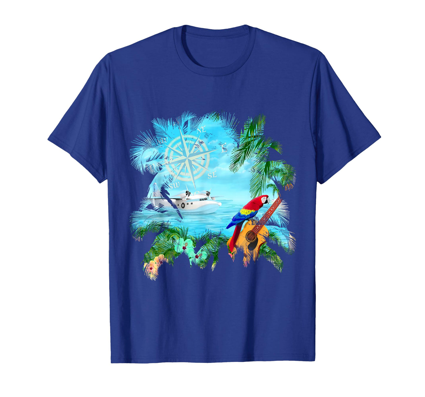 Beachside Dream Seaplane, Parrot, and Guitar T-Shirt