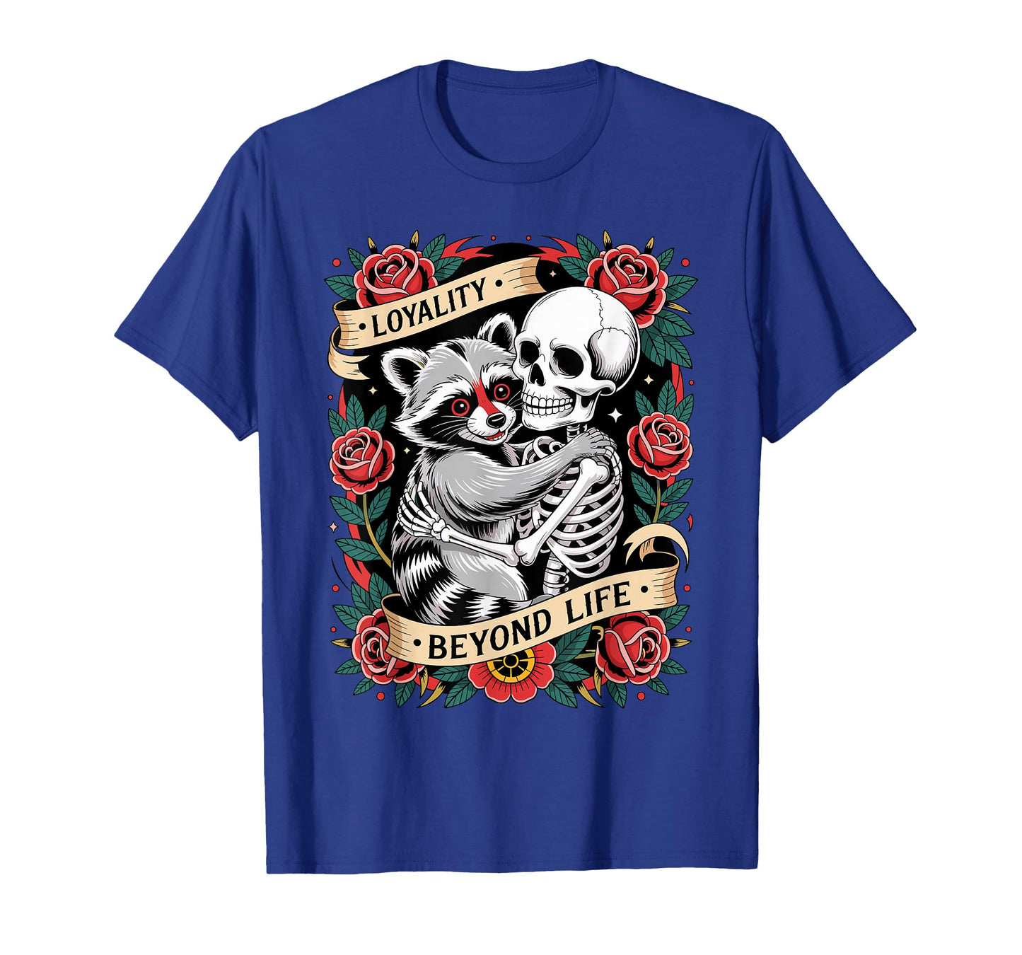 Funny Skeleton and Raccoon Loyalty Beyond Life Tattoo Style T-Shirt