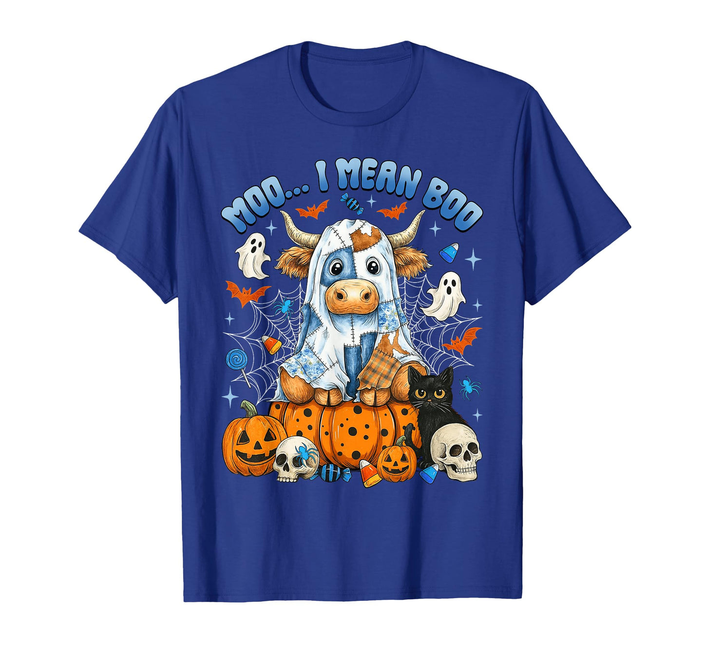 Moo I Mean Boo Funny Highland Cow Ghost Halloween Women Kids T-Shirt