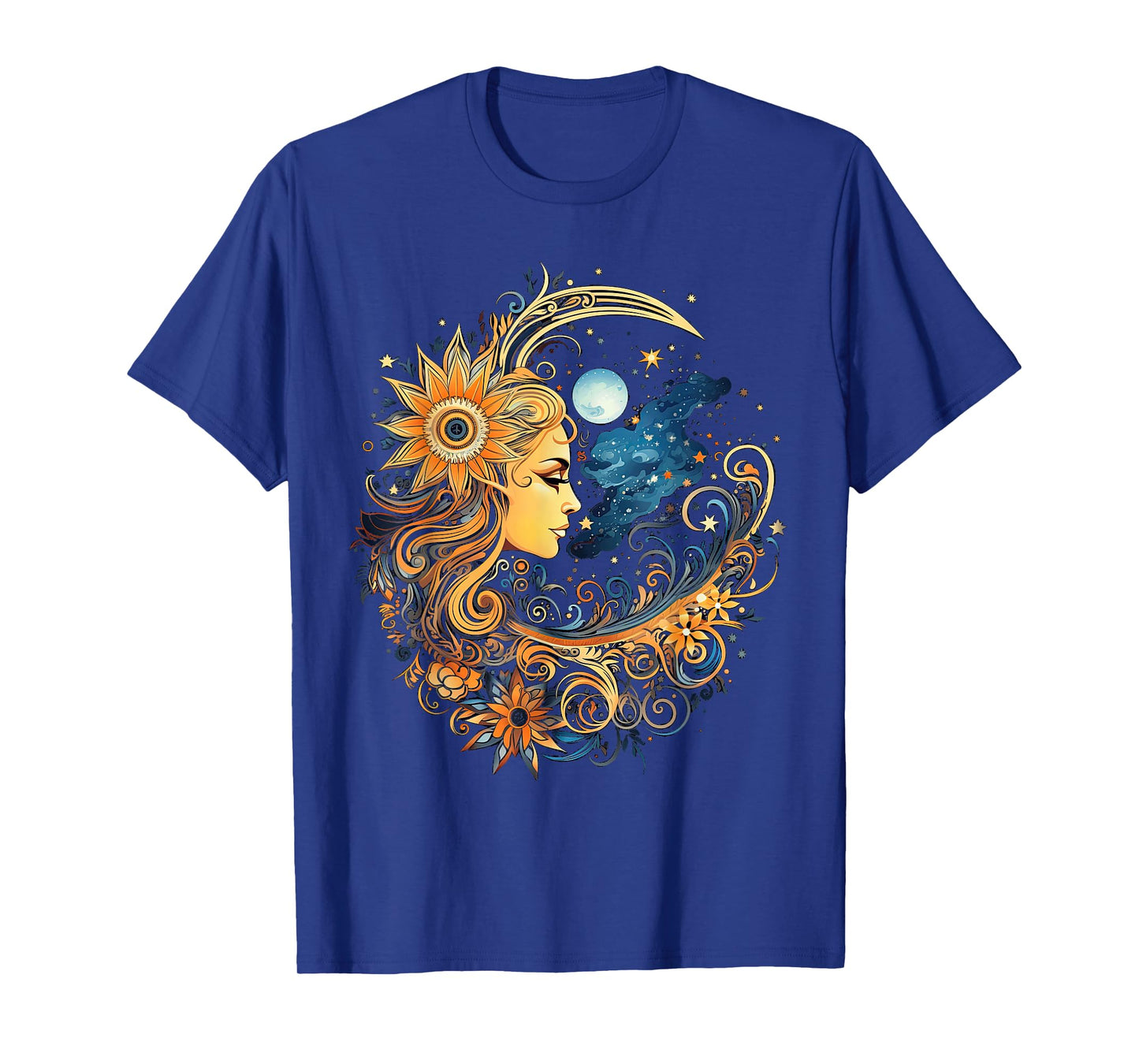 Mystical Sun and Moon with Woman Mystical Flowers Aesthetic T-Shirt