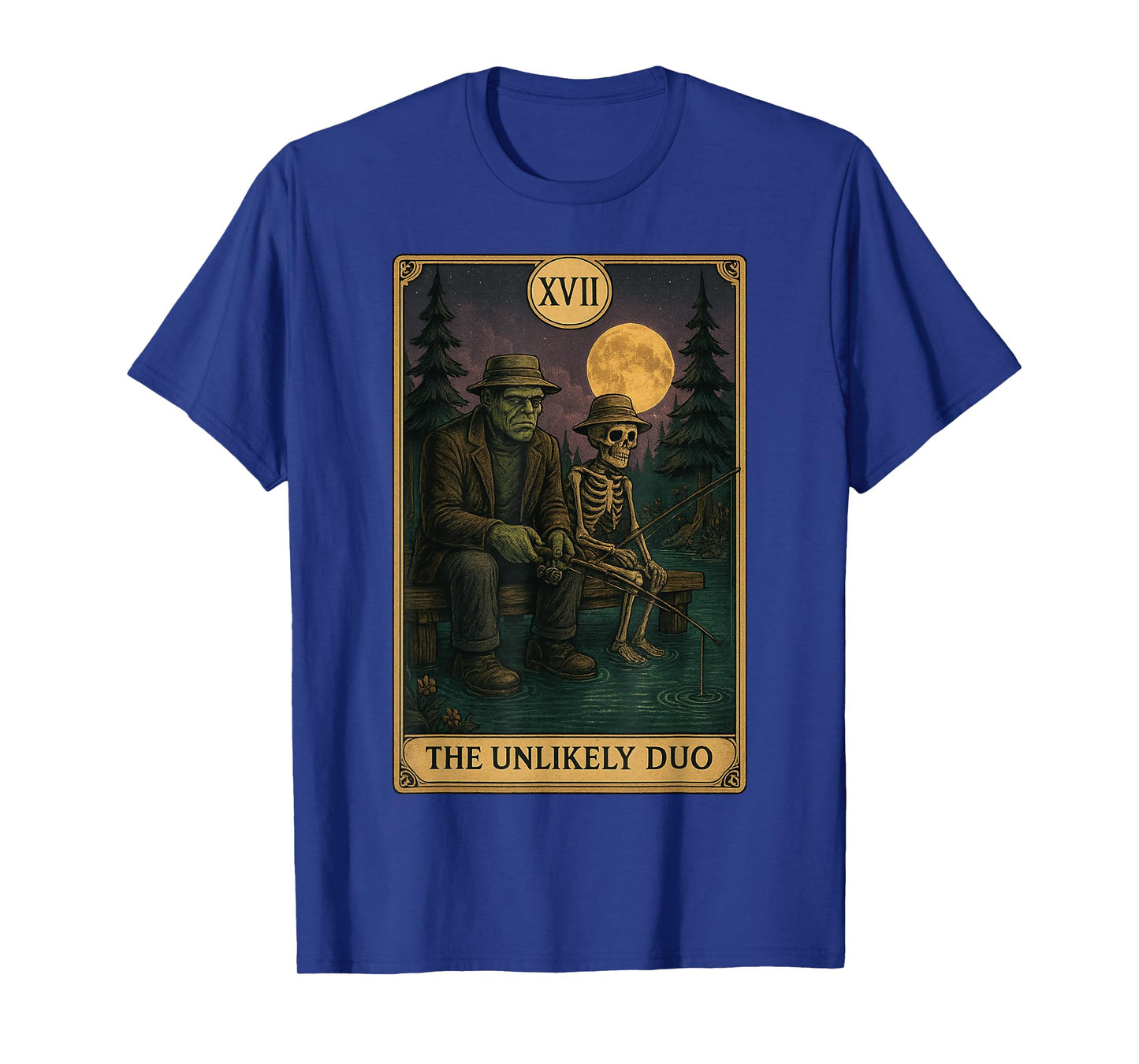 Tarot Card The Unlikely Duo Frankeinstein Skeleton Fishing T-Shirt